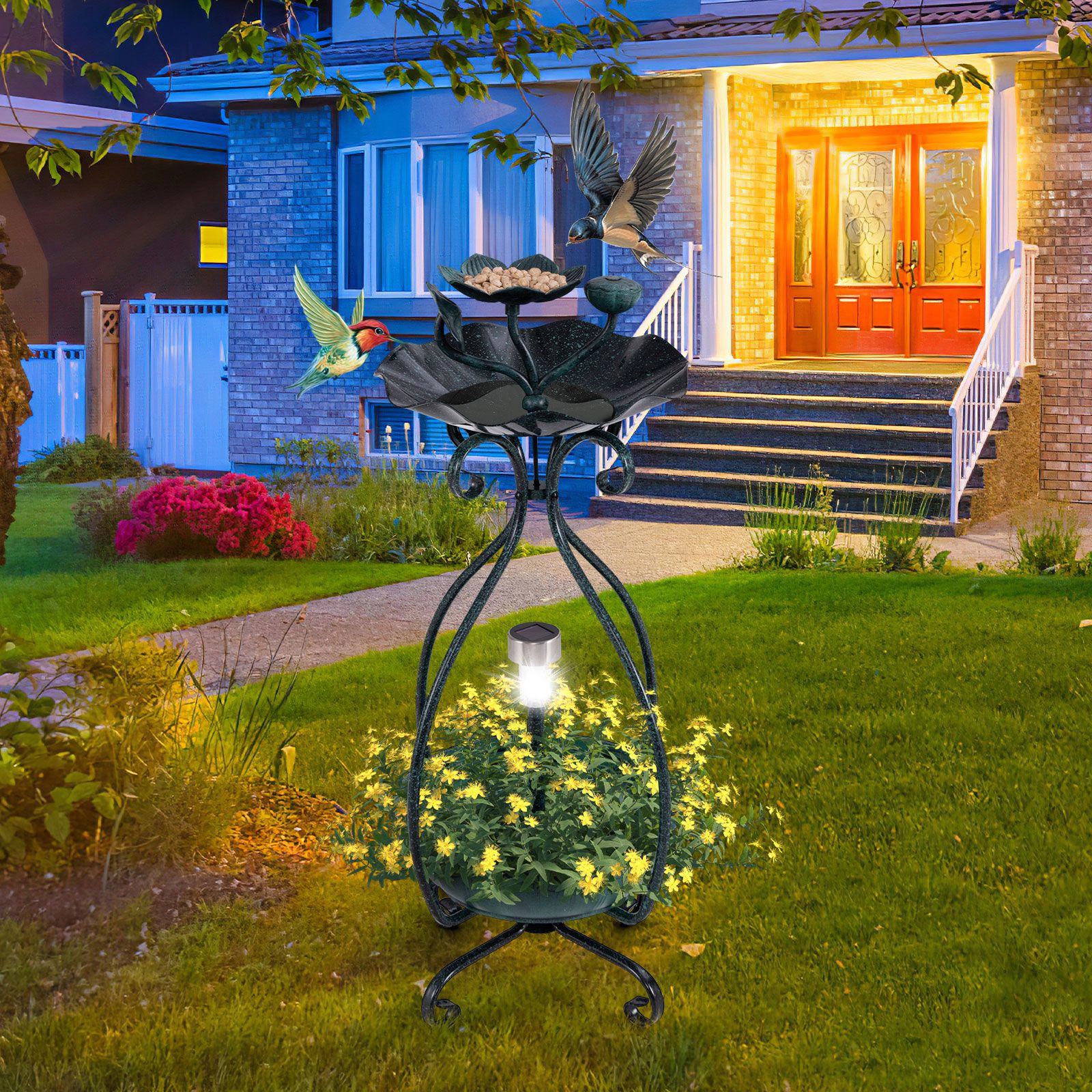 SlickBlue Standing Metal Birdbath with Solar Lights and Lotus Leaf Bowl