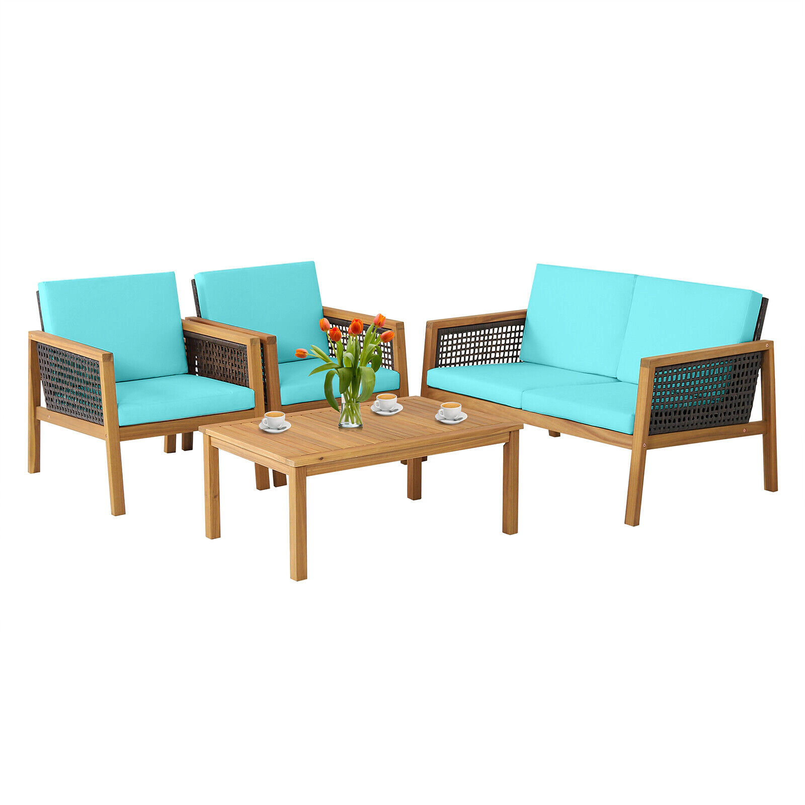 SUGIFT Acacia Wood Frame and Removable Cushions 4-Piece Turquoise Patio Rattan Set