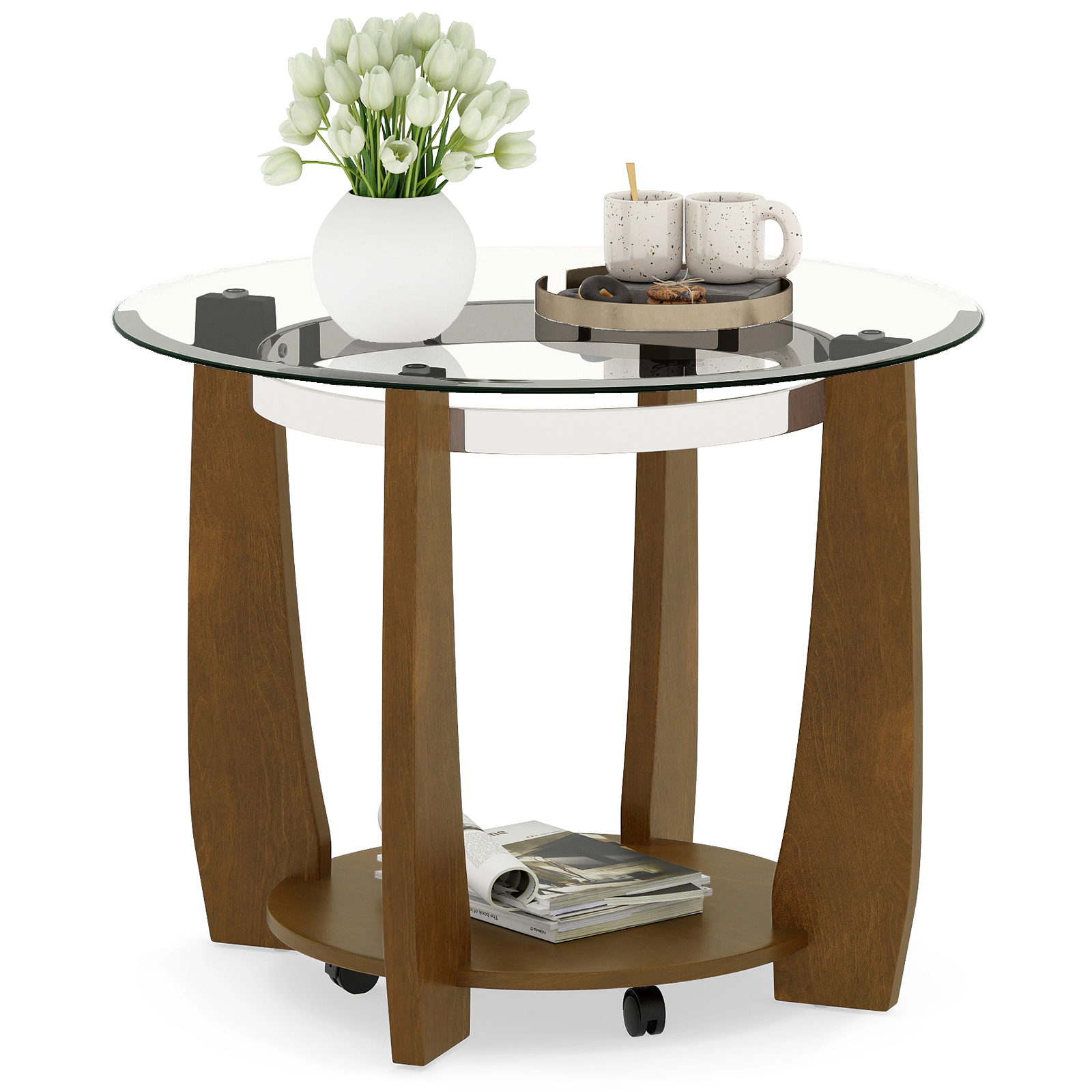 SUGIFT 2-Tier Round Coffee Table with Storage Shelf 300-lb Tabletop Capacity 180-lb Shelf Capacity Transparent & Walnut