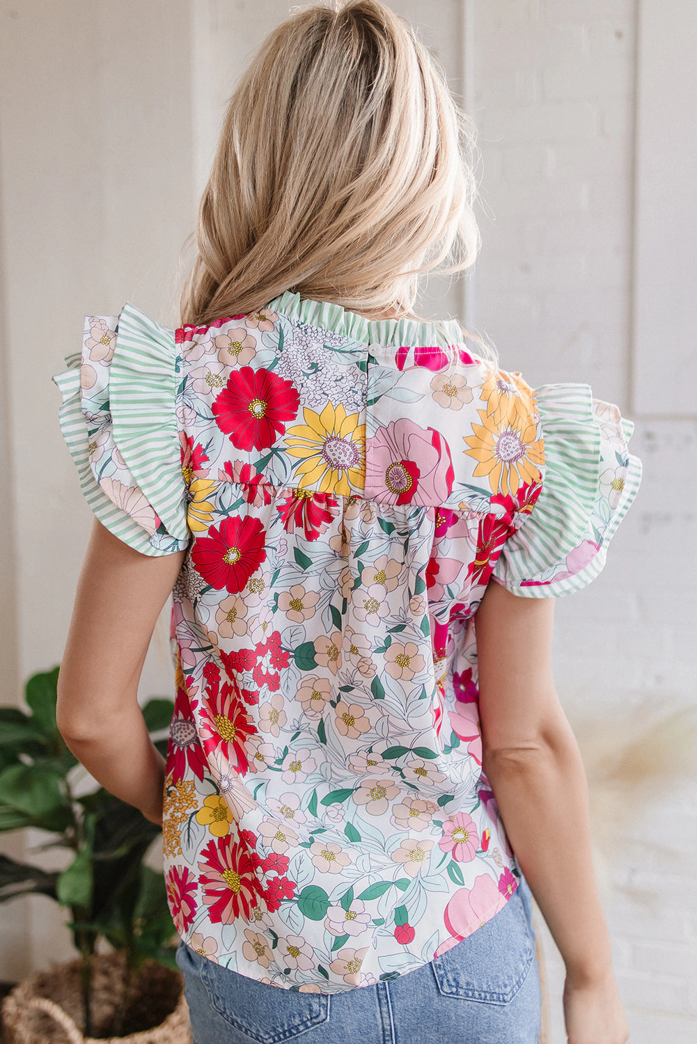 Threaded Pear Women's Anne Floral Ruffle Trim Short Sleeve Blouse