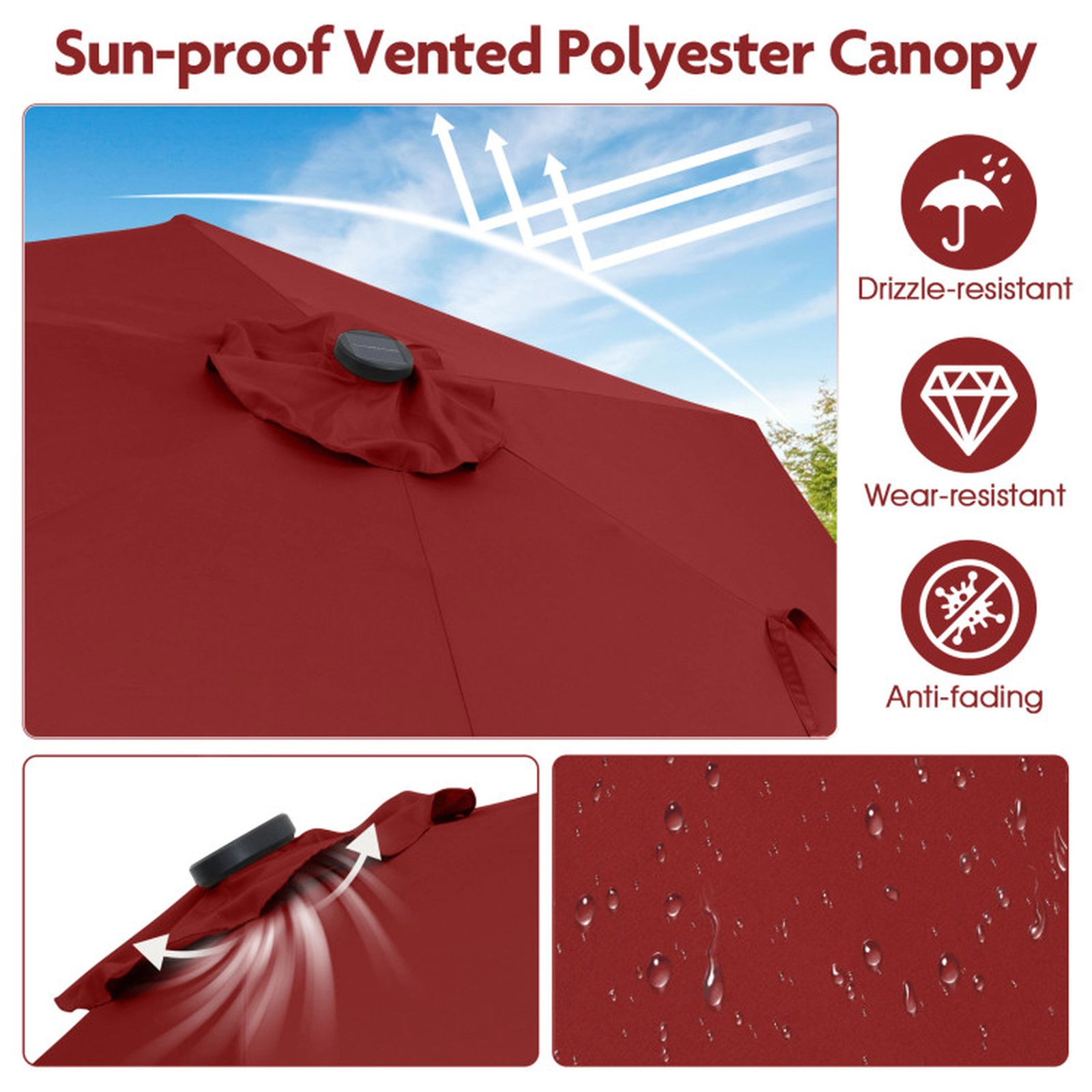 SUGIFT 7.5-ft Solar Powered Patio Umbrella with 18 LED Lights Crank Handle Metal Frame Polyester Canopy Burgundy