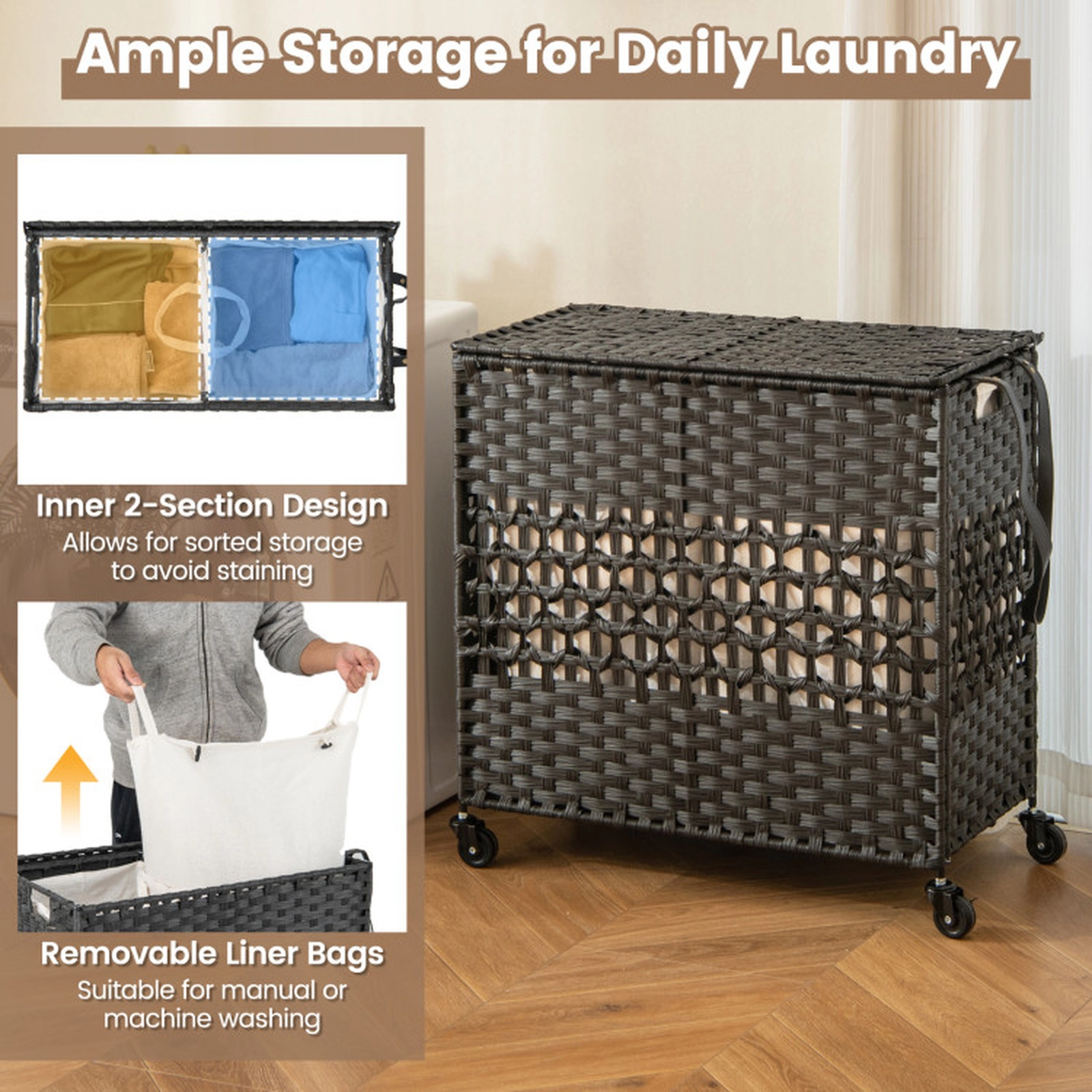 SUGIFT Black 110L 2-Section Rolling Laundry Sorter Hamper with Lockable Wheels and Washable Liners
