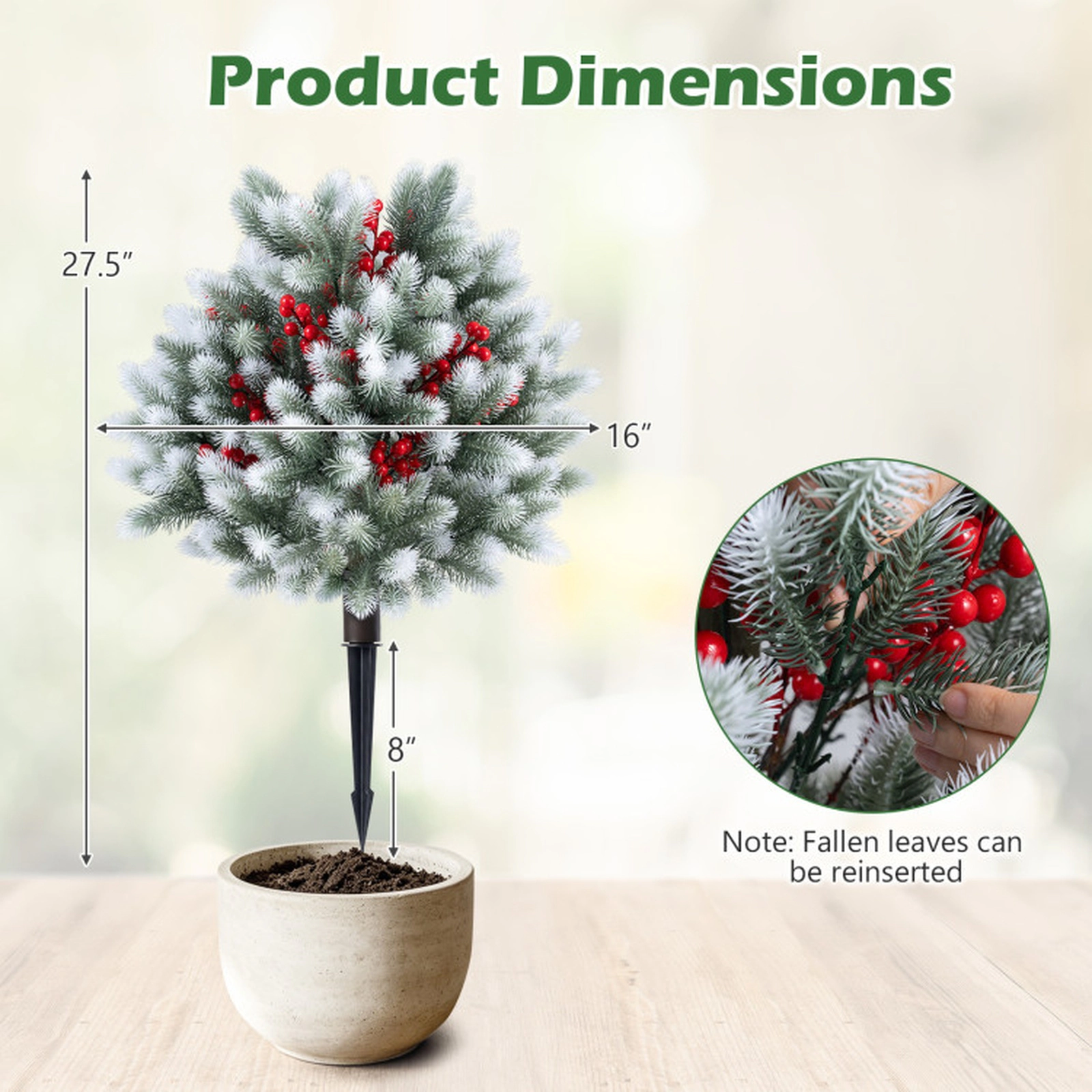 SUGIFT Set of 2 Snow-Tipped Artificial Cedar Topiary Trees 8-in Ground Spikes 16 x 27.5-in Green & White & Red