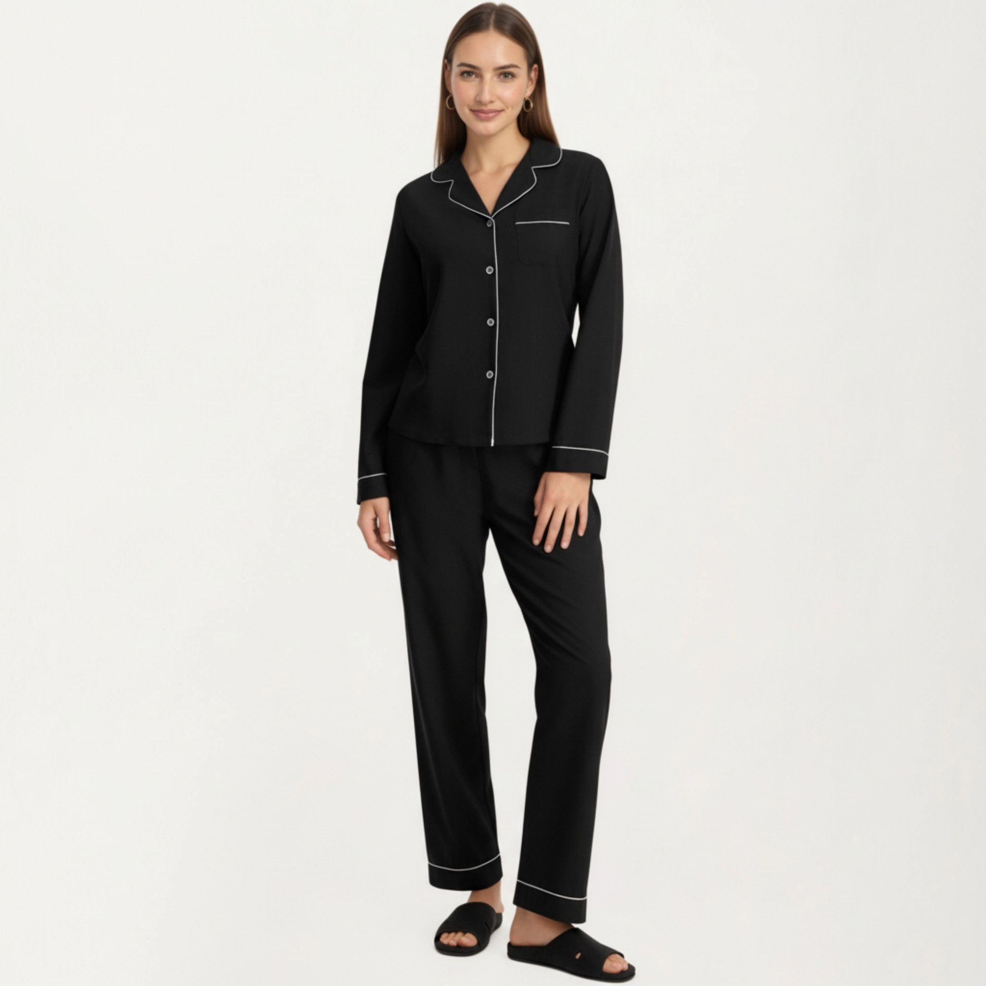 Anna-Kaci Women's Long Sleeve Pajama Set with Soft Notched Collar Button Front Top and Relaxed Straight Leg Pants