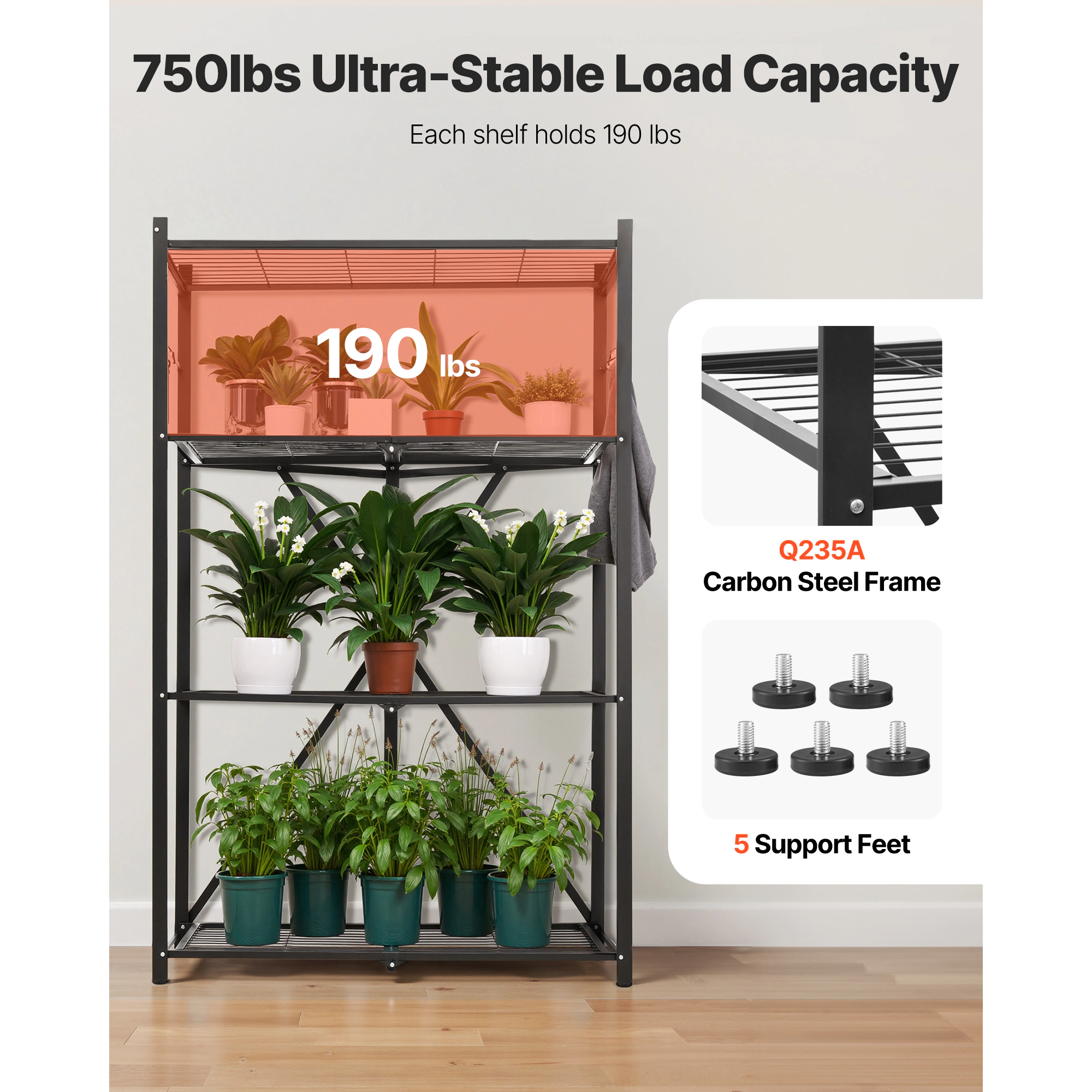 HONGGE Foldable Storage Shelf Folding Metal Rack Shelving Unit No Assembly Organizer Shelf with 5 Wheels & 4 Hooks for
