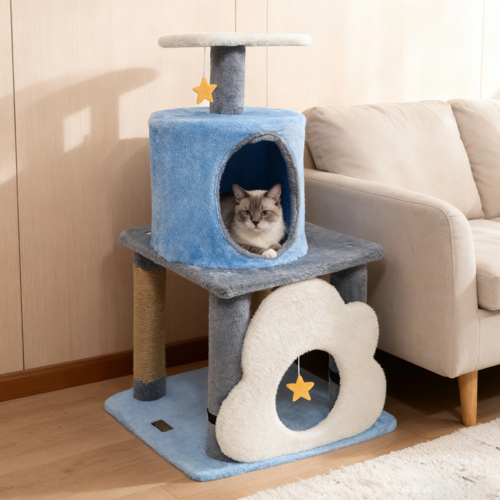 SUGIFT 31.5-in Blue Multi-Level Kitten Cat Tree Tower with Cloud Cave Moon Top Perch and 33-lb Condo