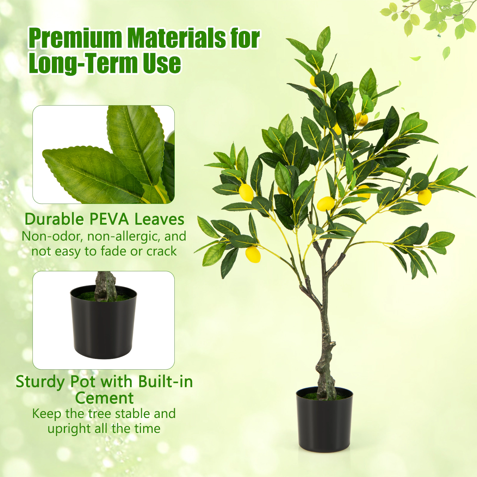 SUGIFT Artificial Tree 32-in Tall Fake Lemon Plant with Fruits in Cement-Filled Pot Green+Yellow+Black