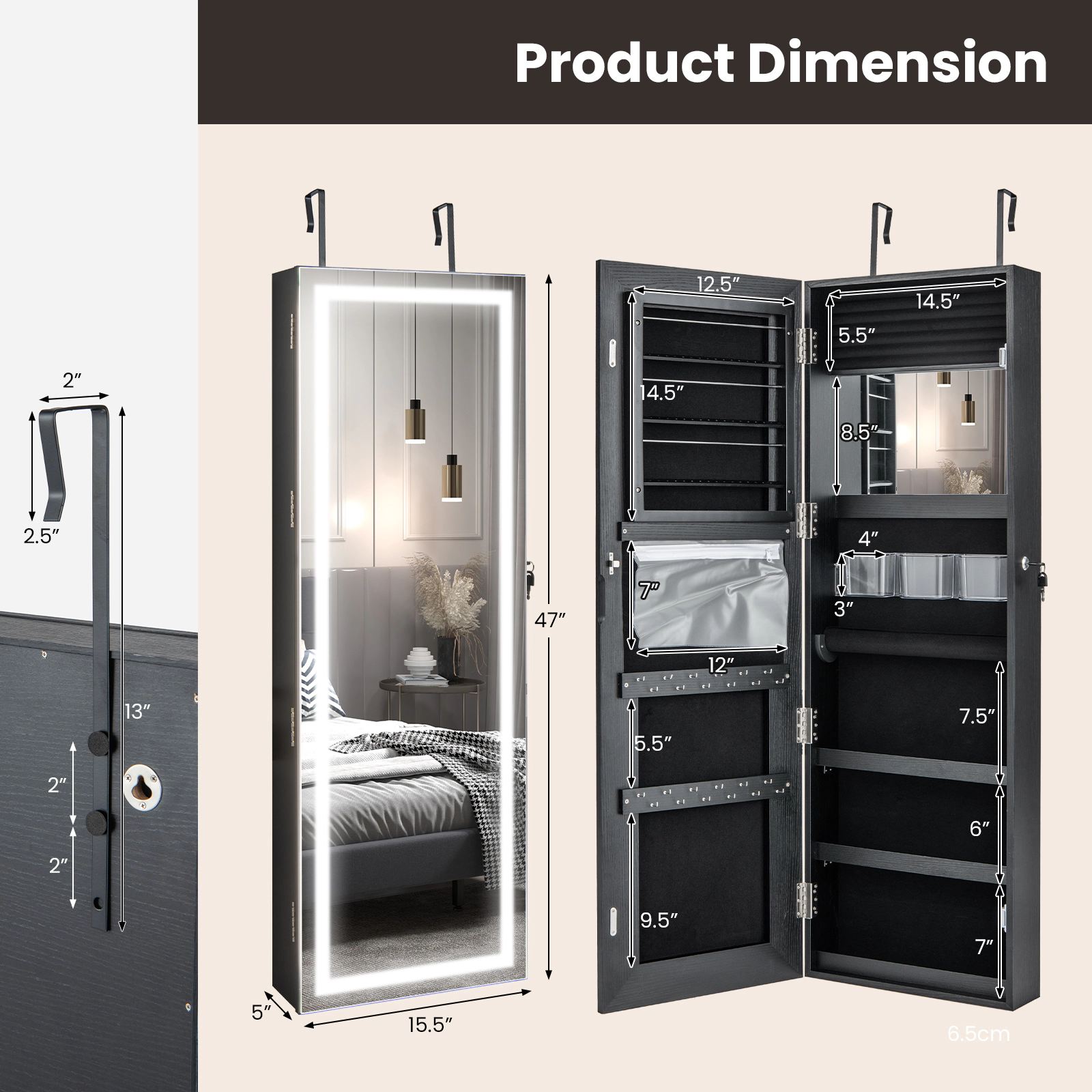 SUGIFT Black Mirrored Jewelry Armoire with Full-Length Mirror 2 Internal LED Lights and Velvet Lining