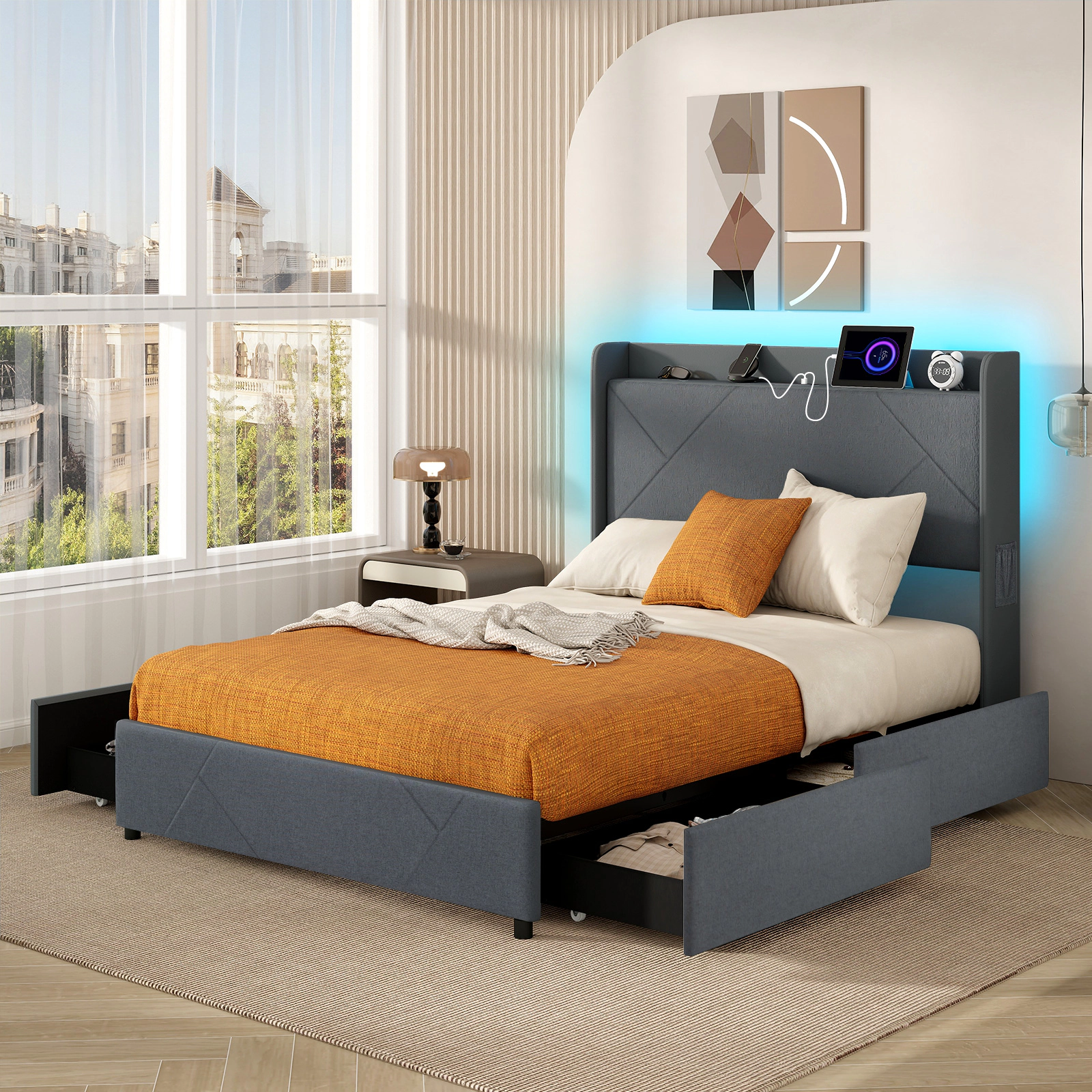 SUGIFT Full Size Platform Bed with LED Lights, Charging Station, Storage Drawers and Grey Upholstered Headboard