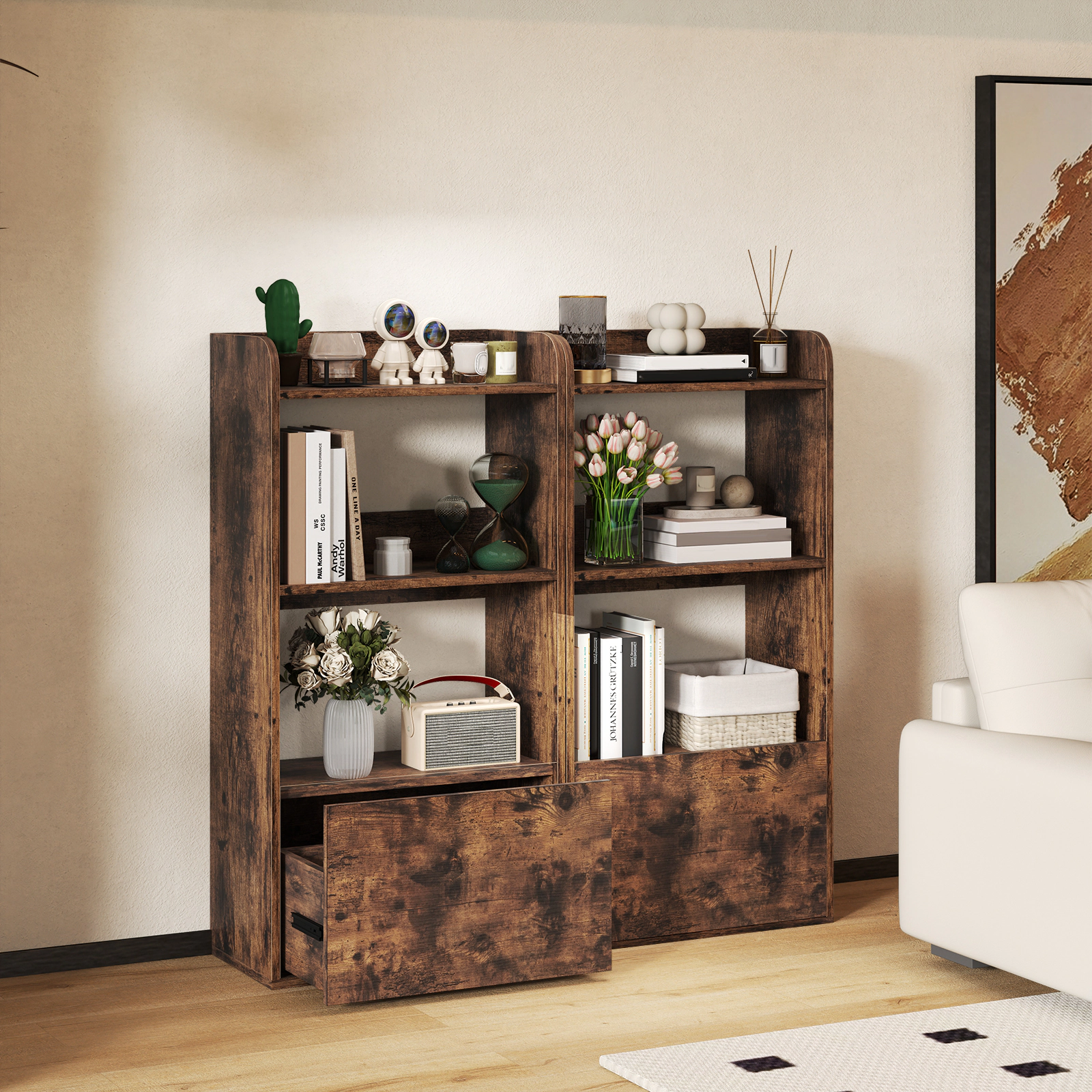 Costway 2PCS Bookcase w/ Drawer 3-Tier Open Shelf Anti-Toppling Kits for Living Room Coffee