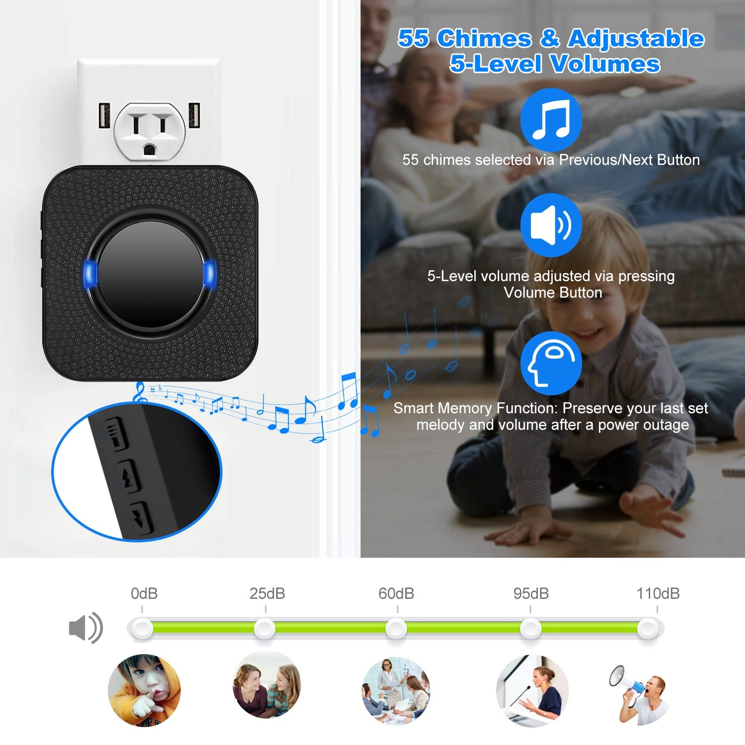 GBruno Wireless Doorbell 984ft Range 55 Chimes