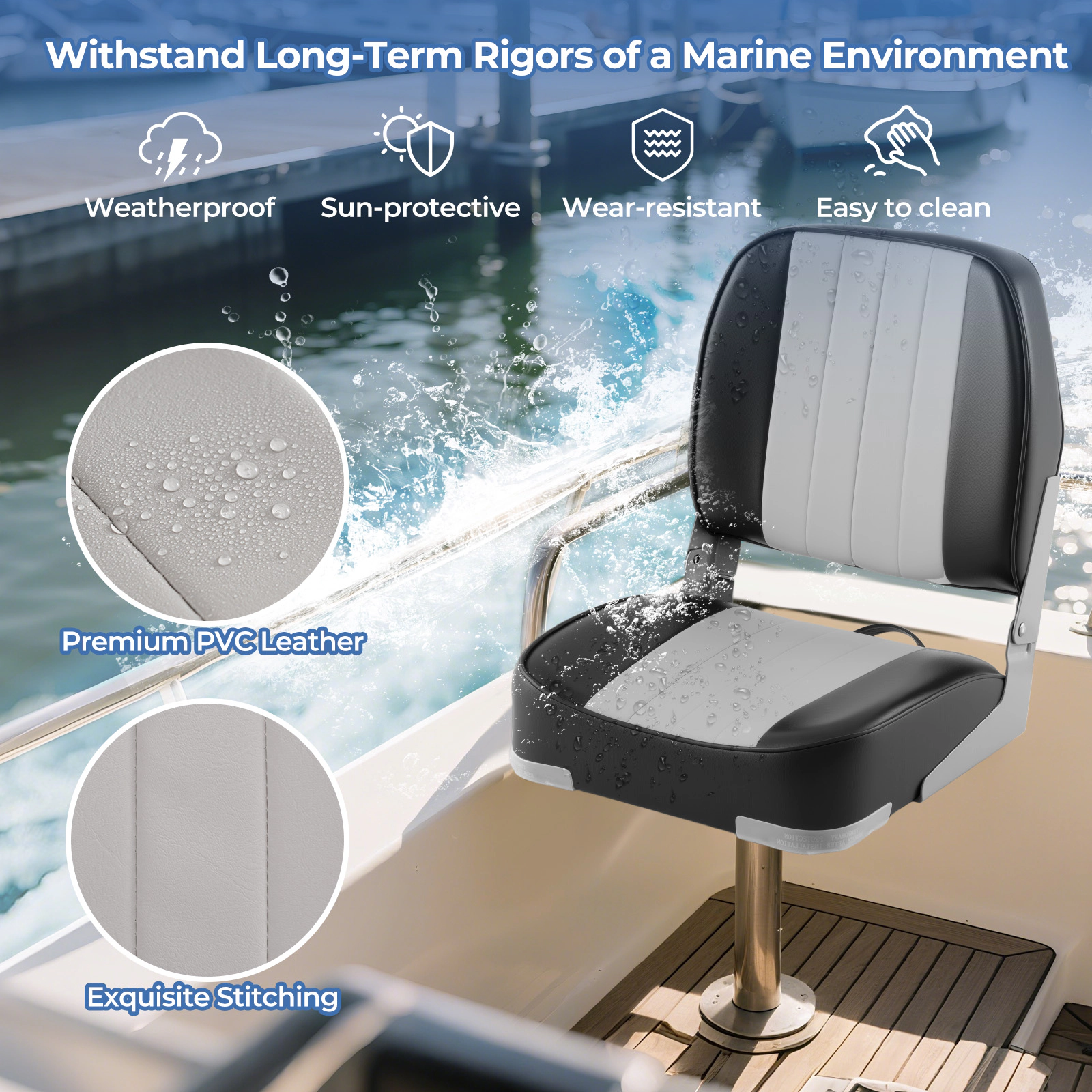 SUGIFT 2-Pack 330-lb Capacity Folding Low Back Boat Seats with Waterproof PVC Leather and Aluminum Hinges