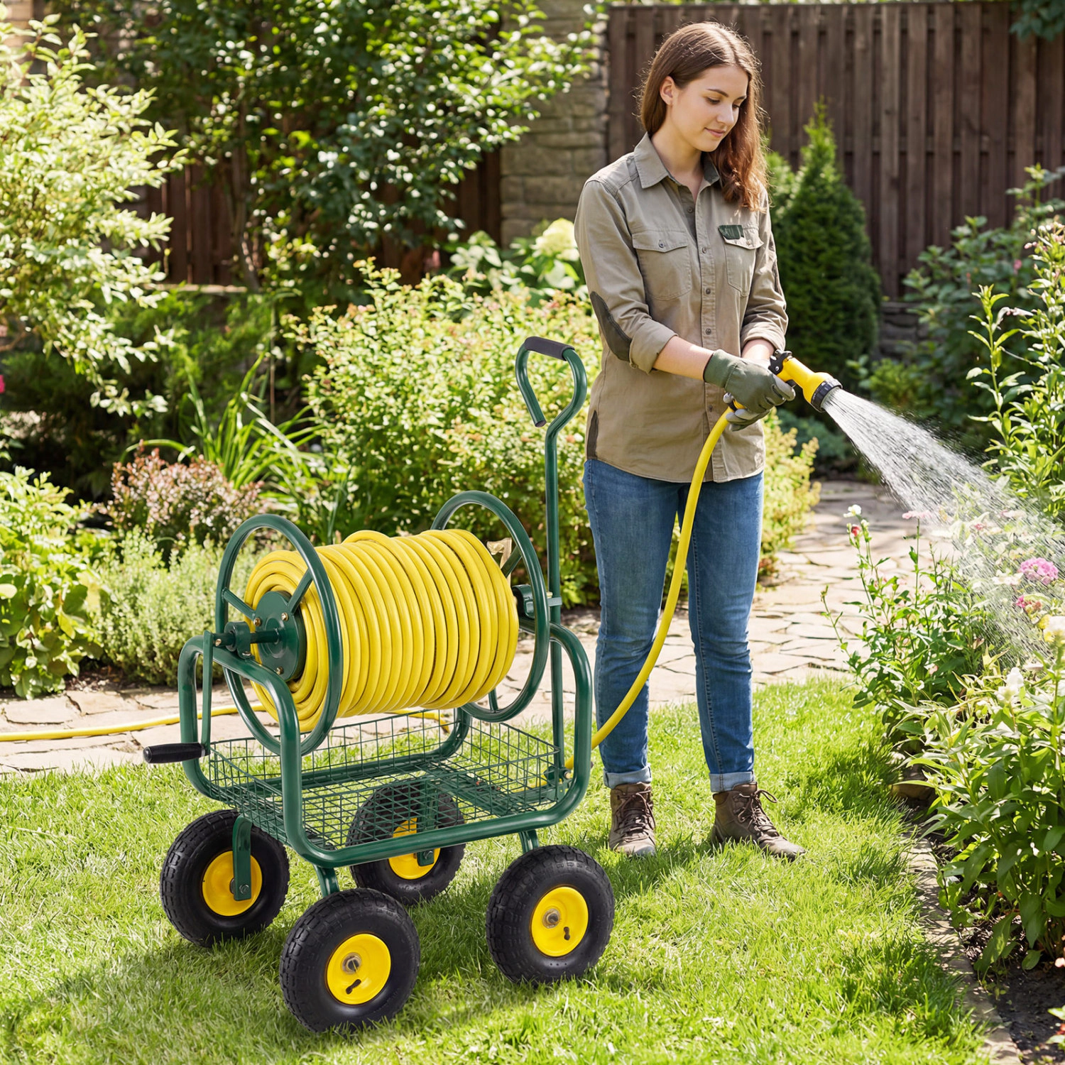 SUGIFT Garden Hose Reel Cart 300 Feet with Air-Filled Tires and Storage Basket