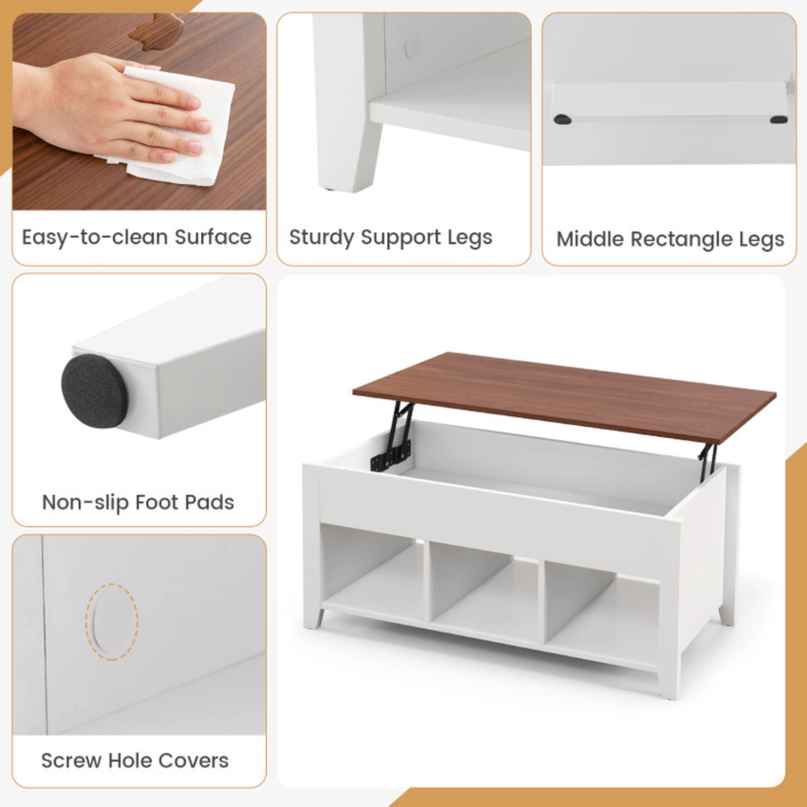 SUGIFT Lift Top Hidden Storage Compartment 3 Open Shelves Coffee Table 41-in x 19.5-in 19-in to 24.5-in Tall White