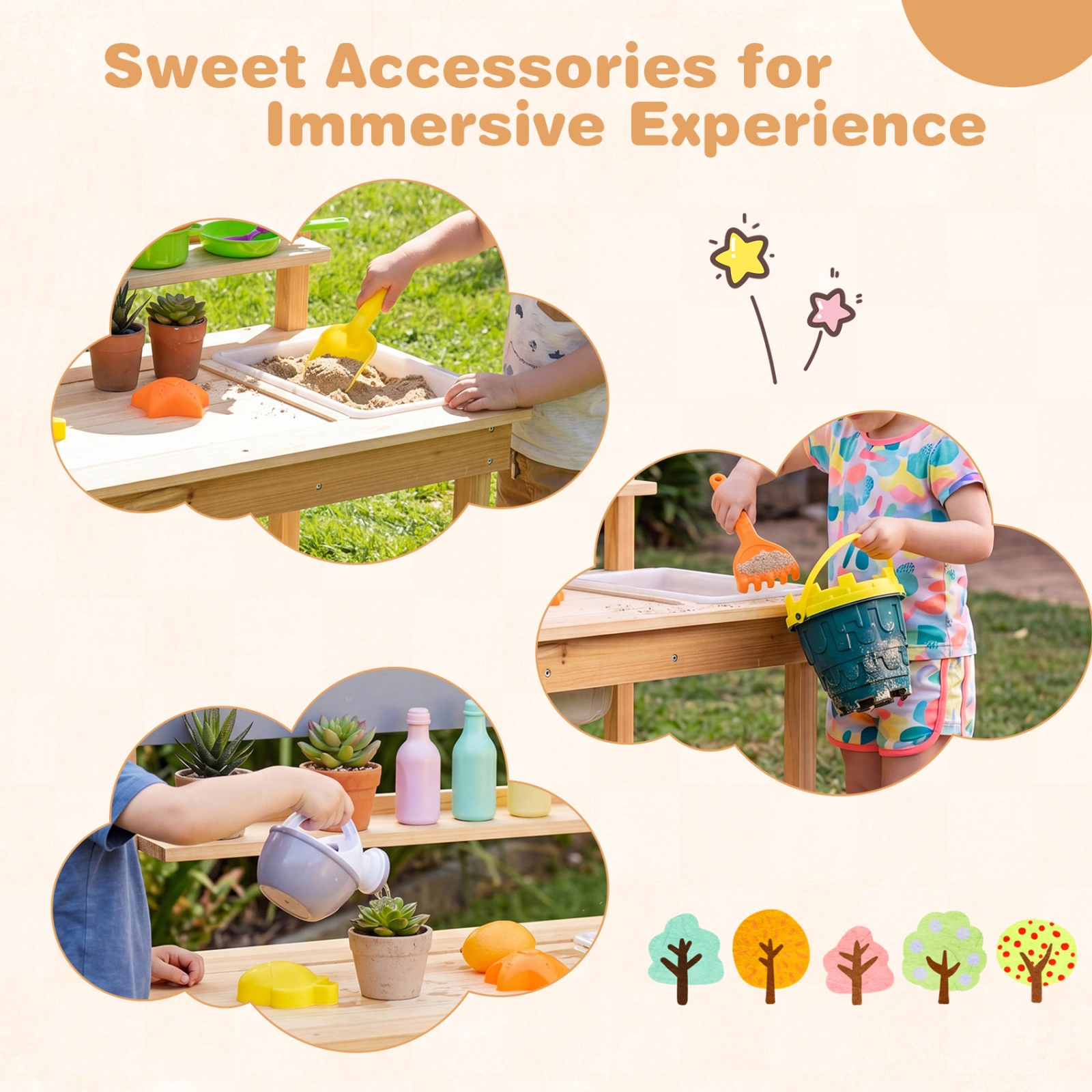 SUGIFT Outdoor Kids Mud Kitchen with Pull-Out Tabletop Water Basin and Storage Shelves Ages 3+ 31.5-in Tall Natural