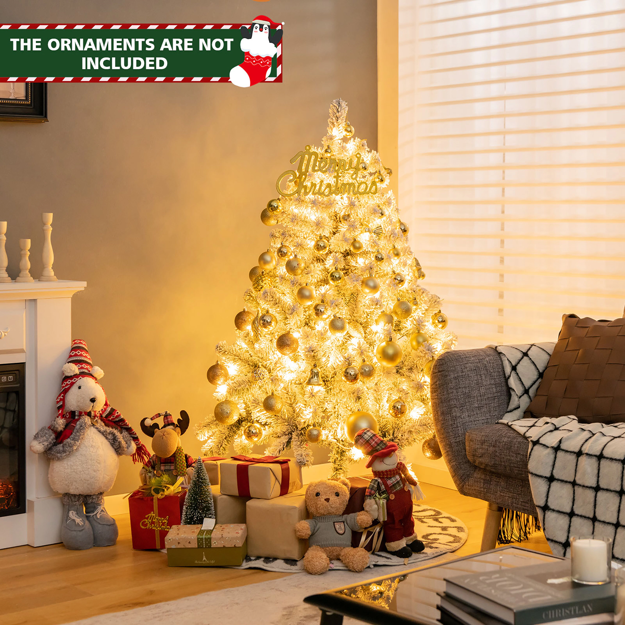 Costway 4.5/6/7.5/9ft Pre-Lit Premium Snow Flocked Hinged Artificial Christmas Tree w/150/250/450/550 Lights