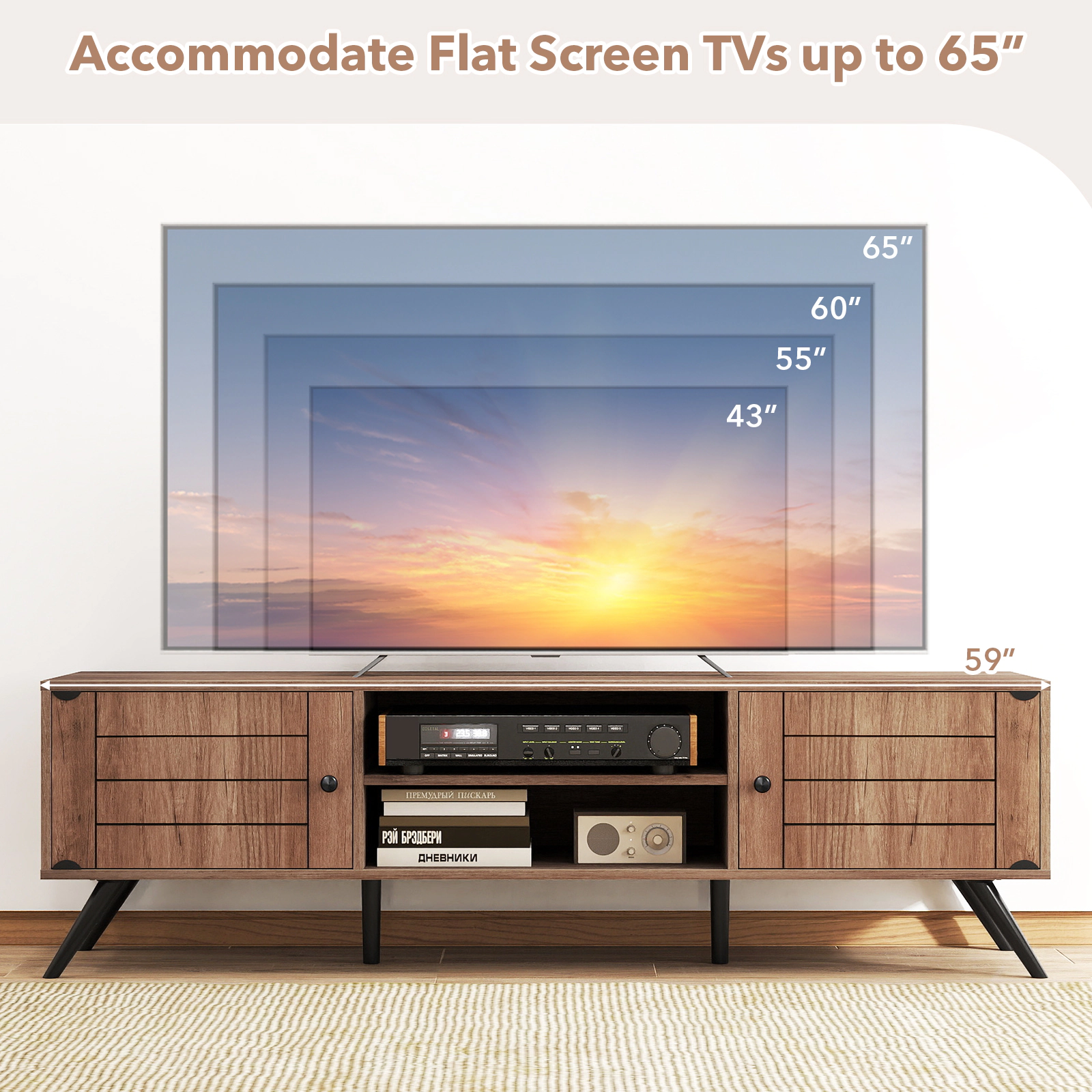 Glintex 59-Inch 2-Door TV Stand with Open Shelves and 6 Support Legs, Oak