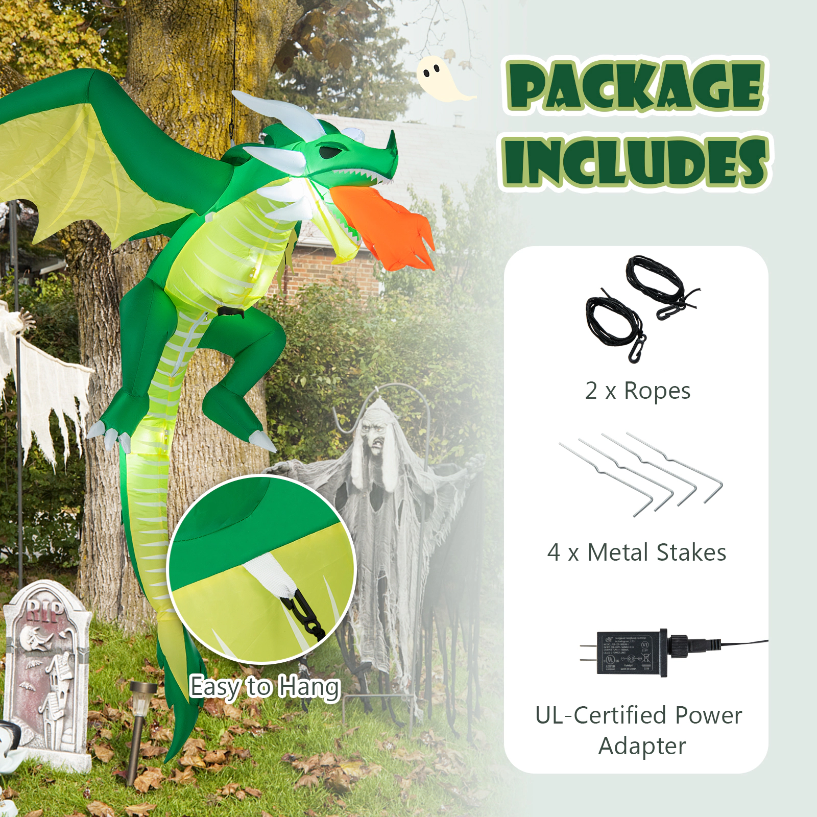Glintex 5-Ft Hanging Halloween Inflatable Dragon with 1-Minute Inflation, Green