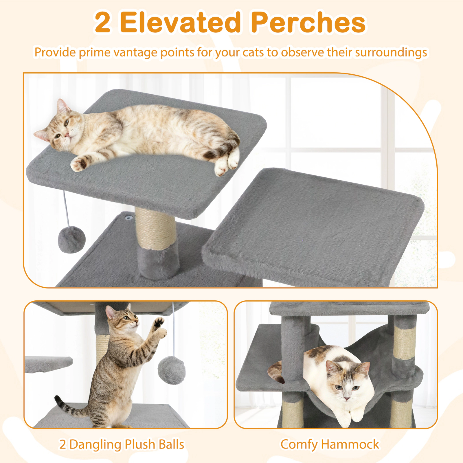 SUGIFT Multi-Level 57-in Cat Tree with Dual Condos Hammock and Sisal Scratching Posts Light Gray
