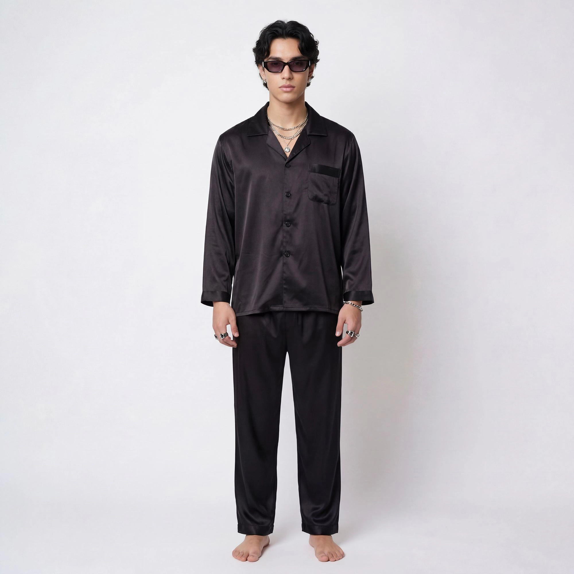 Anna-Kaci Men's 2-Piece Satin Pajamas with Subtle Stripe Pattern and Button Up Top