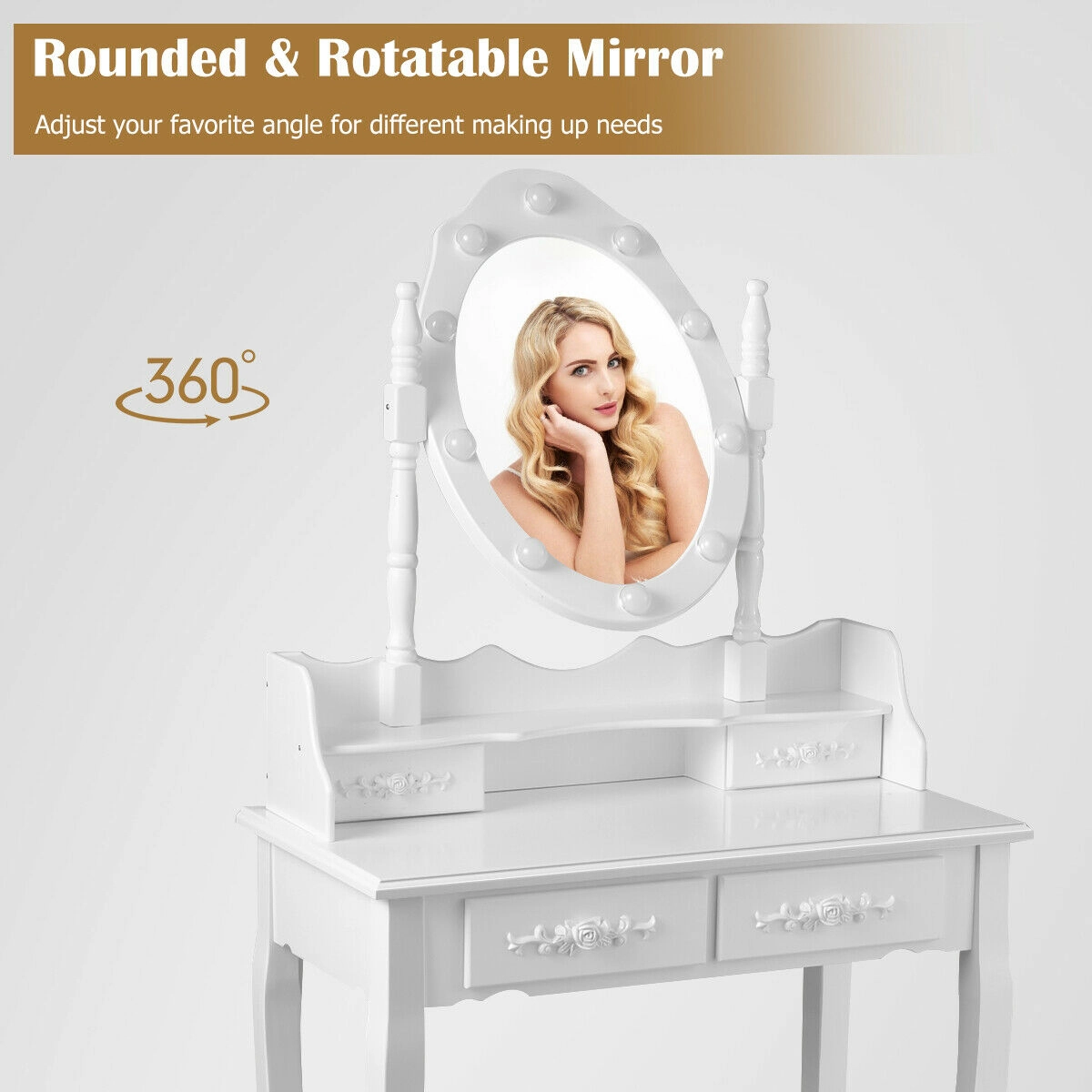 SUGIFT 10-Bulb Vanity Table and Stool Set with Lighted Mirror and 4 Drawers and Cushioned Stool in White