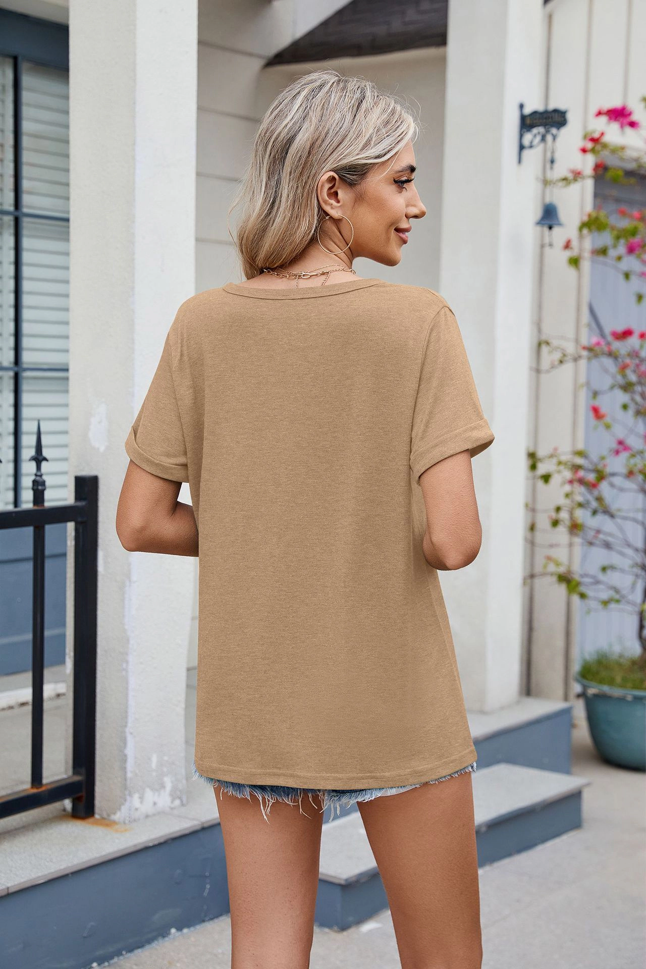 Enchanted Funland Womens Notched V‑Neck Rolled Short Sleeve T‑Shirt Tops