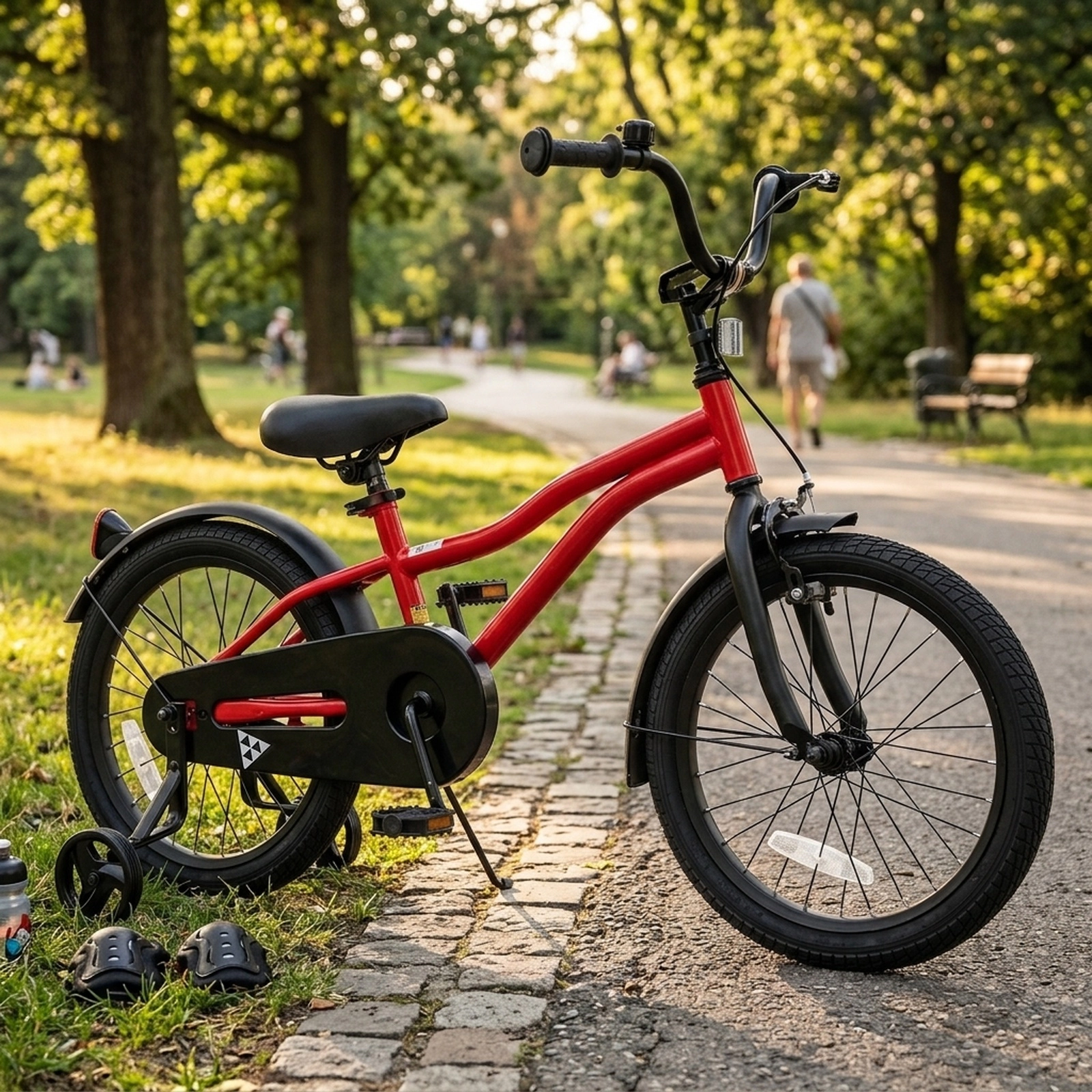 18-in Kids Bike Red Bicycle Quick Release Seat Detachable Training Wheels Puncture Resistant Tires Bell Ages 4-8