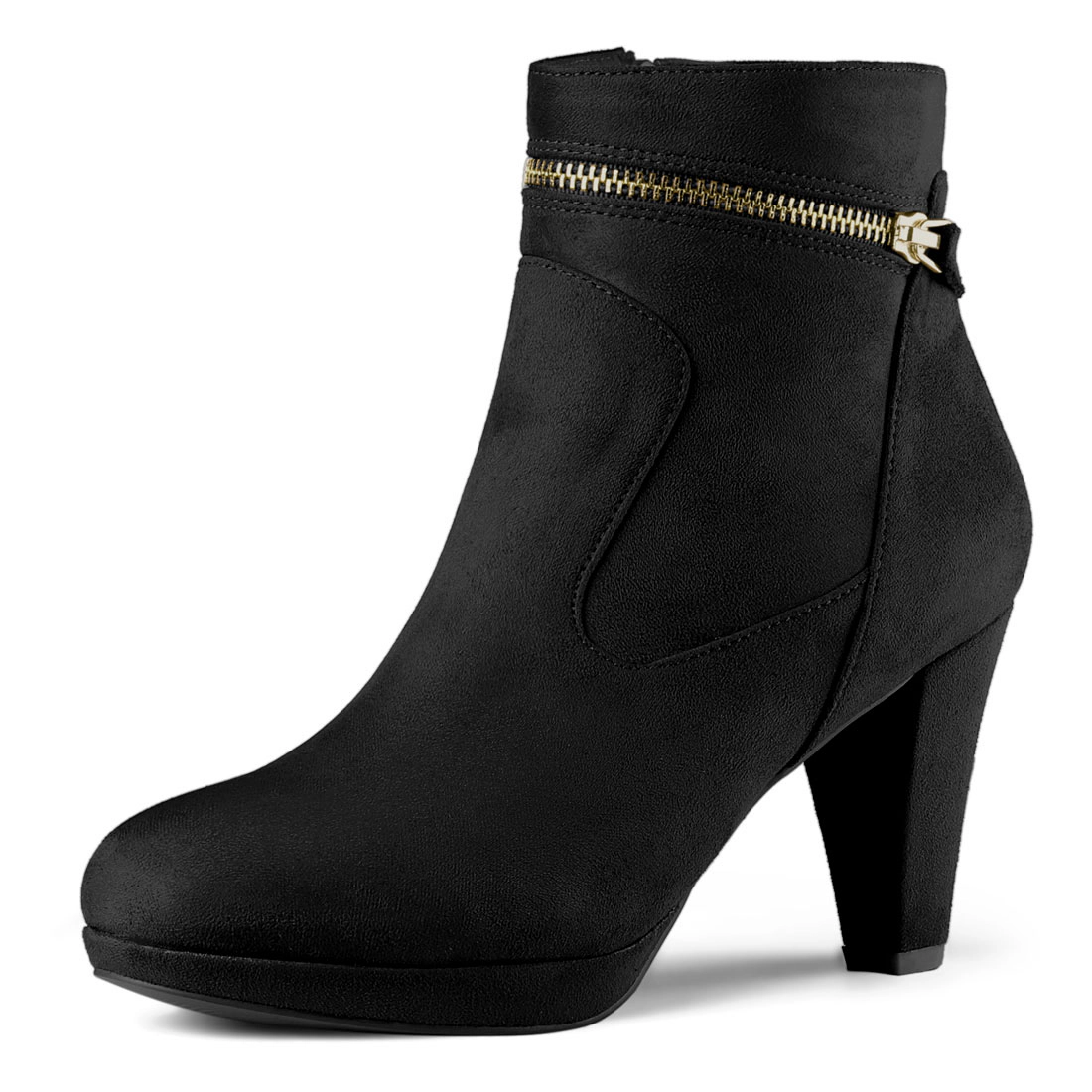 BLISSFUL STEP Women Faux Suede Round Toe Ankle Mid Heel Block Boots