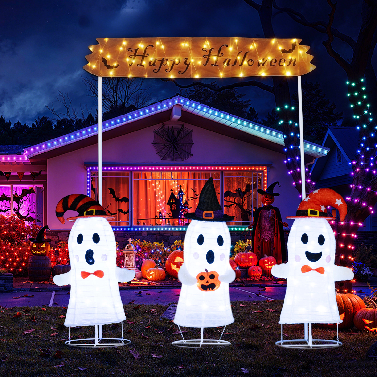 LJG 4 Pieces Halloween Decoration Pop up Ghosts with Gate and LED Lights
