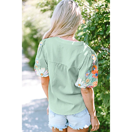 Threaded Pear Women's Reya Floral Embroidered Puff Sleeve Split Neck Blouse