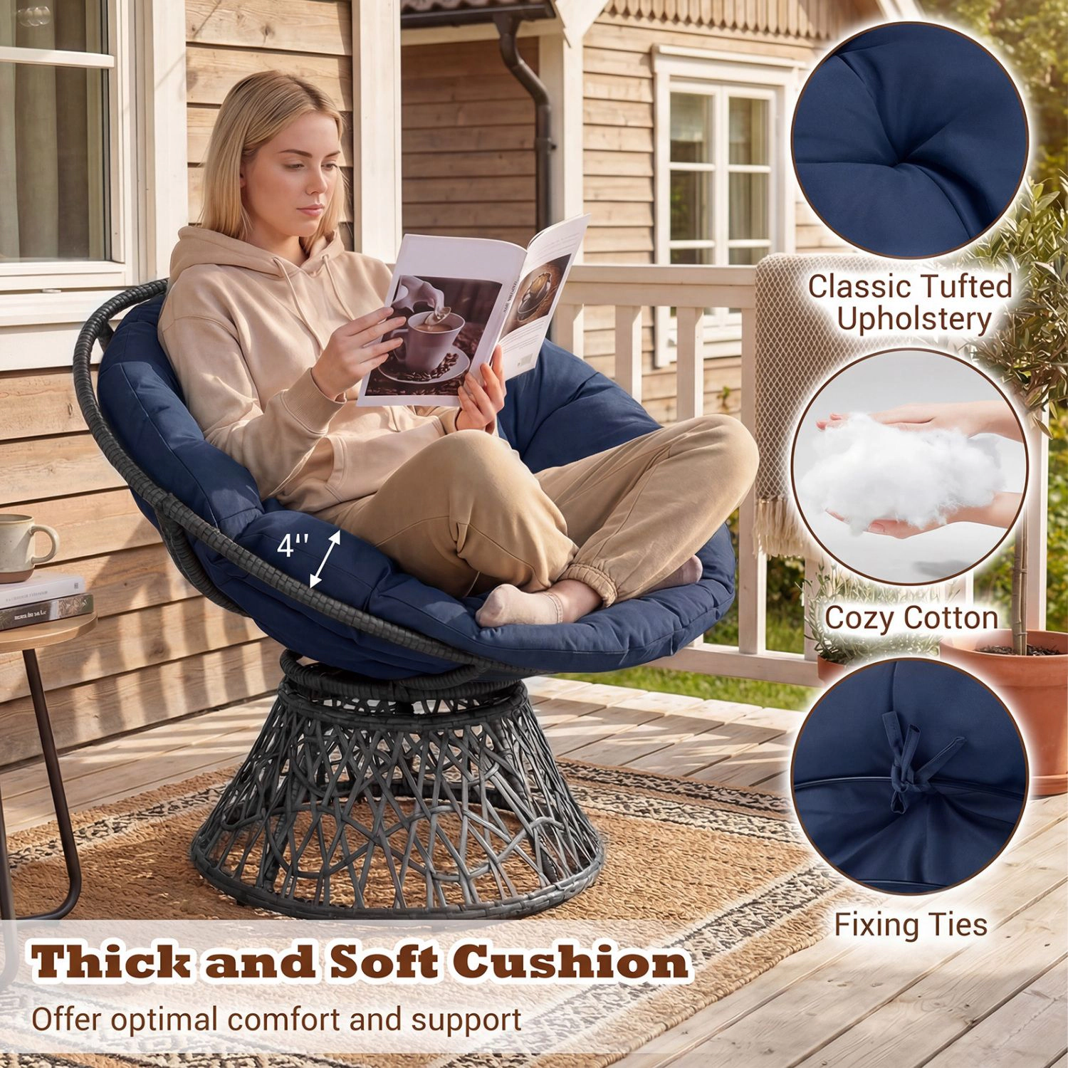 SlickBlue Unisex Round Swivel Papasan Chair With Cushion