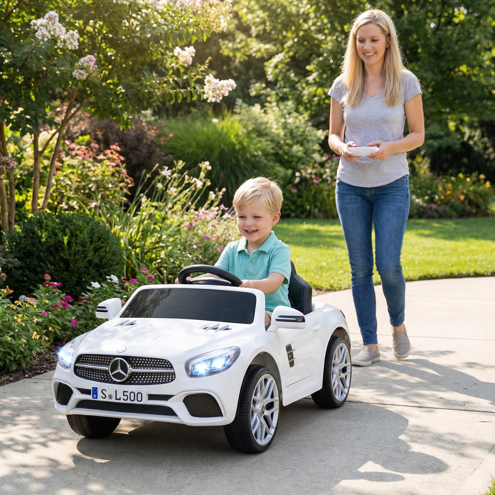 SUGIFT 12V Licensed Mercedes-Benz Ride-On Car with Remote, Music and LED Headlights 66-lb Capacity Ages 3-8 41-in Long