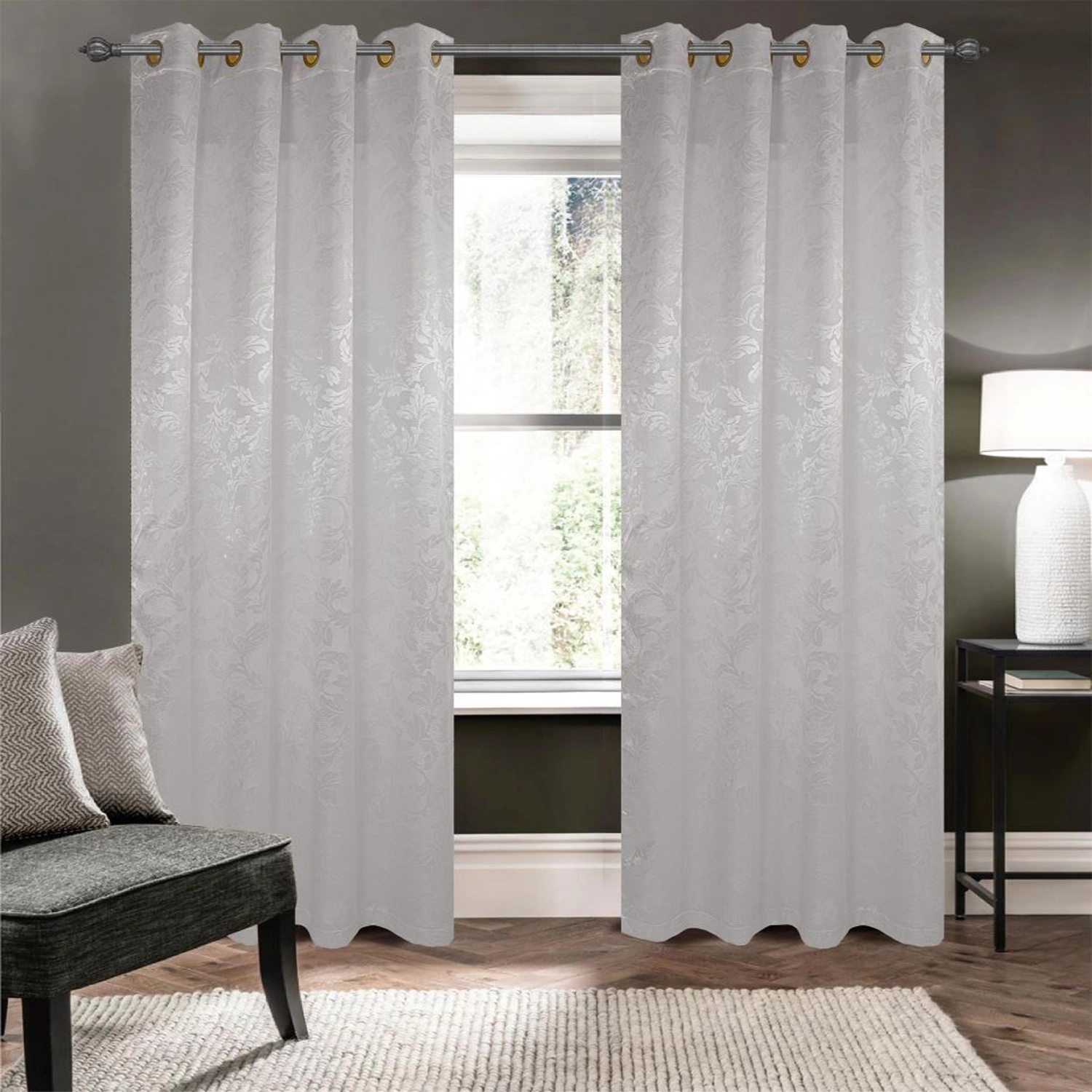 Olivia Gray 100% Polyester 200 GSM Dyson Embossed Blackout Grommet Curtain Panel 54" x 90" Silver