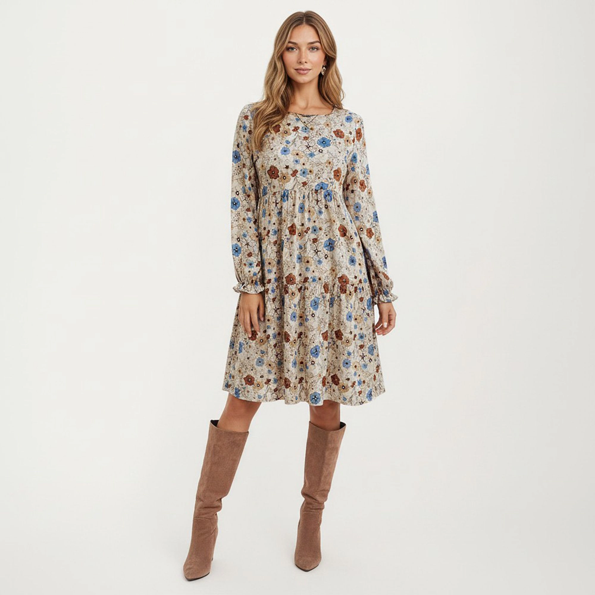 Anna-Kaci Women's Floral Long Sleeve Round Neck Ruffle Hem Tiered Dress