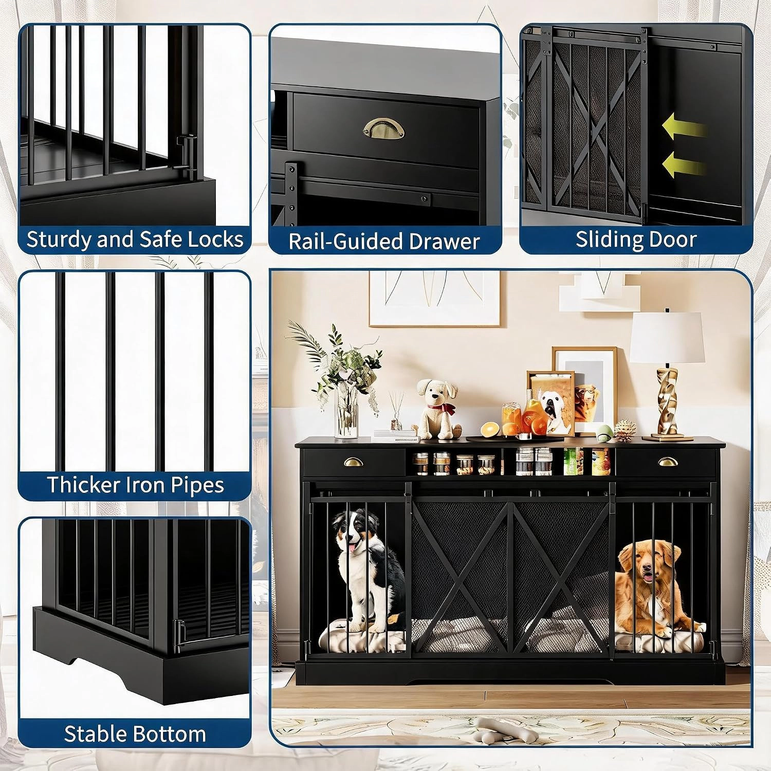 63-Inch JM-GL-100 Double-Stack Metal Dog Crate, Heavy-Duty Dual-Level Pet Cage, Pure Black