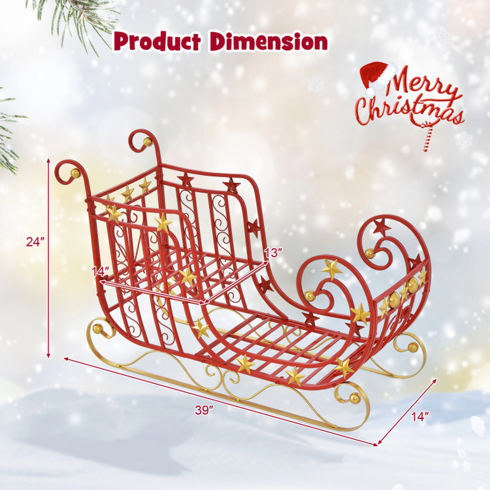 SUGIFT Red and Gold Metal Christmas Santa Sleigh Decor with Large Cargo Area 39-in W 14-in D 24-in H