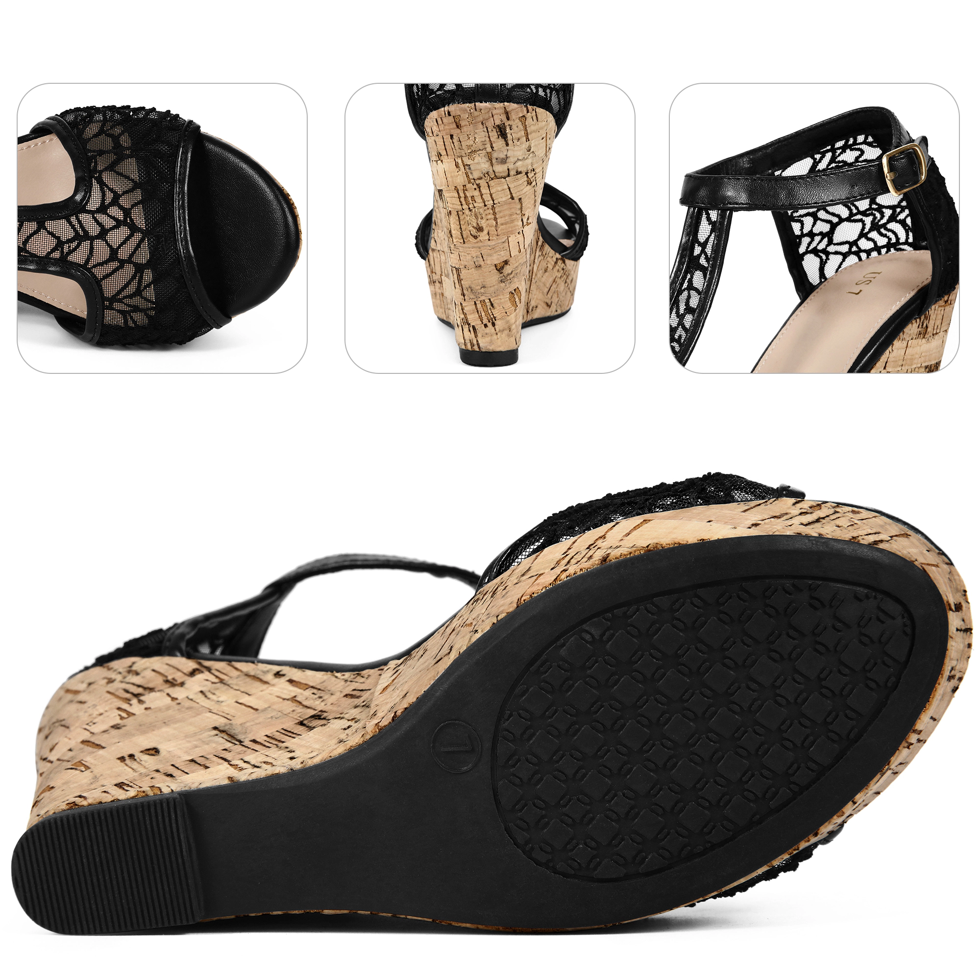 BLISSFUL STEP Women's Lace Open Toe T-Strap Platform Wedge Heel Sandals