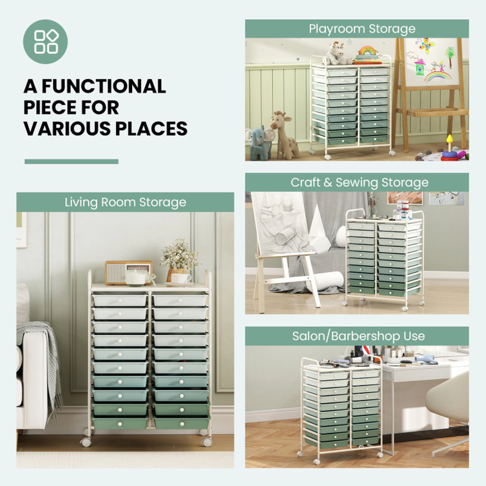 SUGIFT 20-Drawer 25 x 15 x 34-in White Frame Rolling Storage Cart Organizer with 4 Wheels and 2 Handles