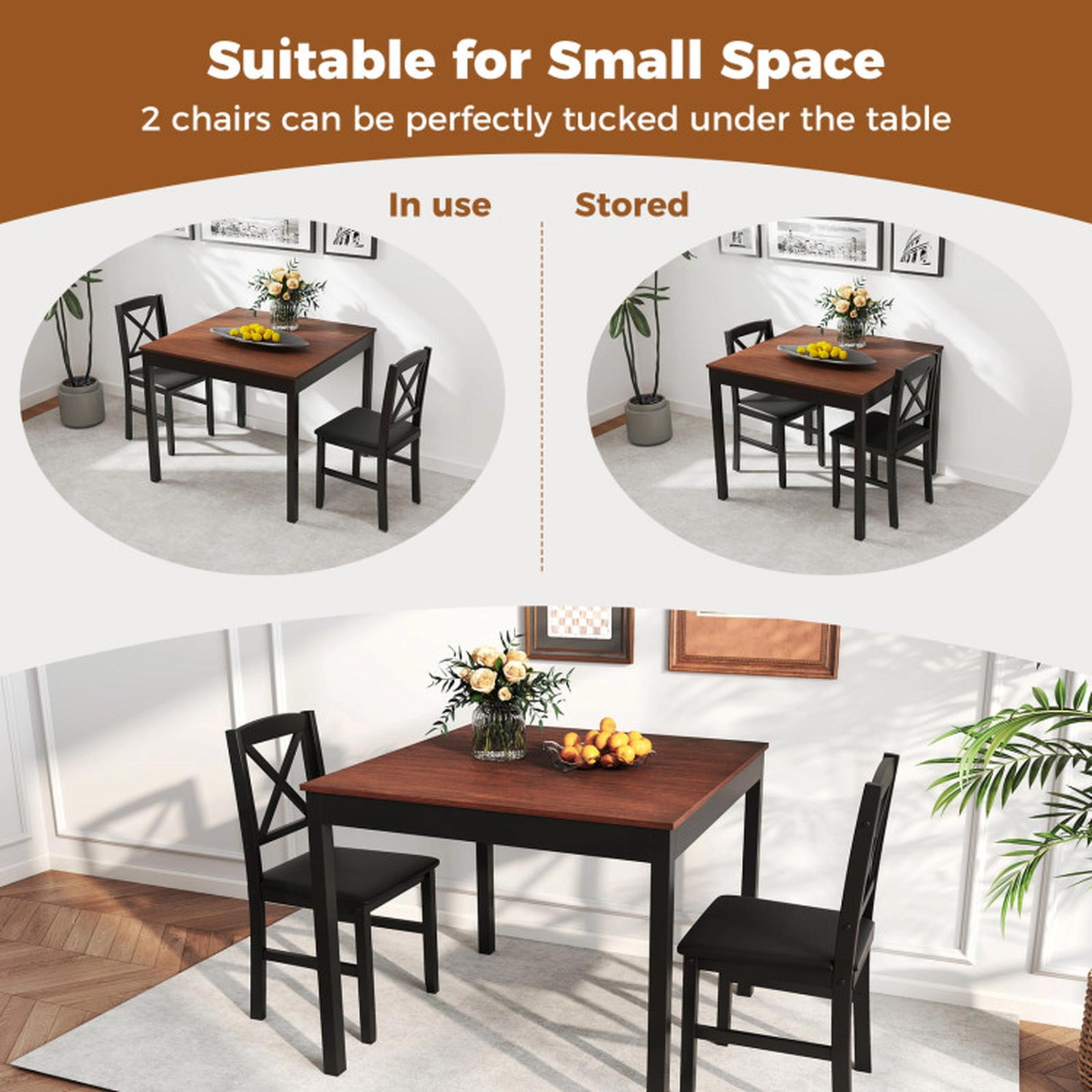SUGIFT 3-Piece Brown Dining Set for 2, 35.5-in Square Table with PVC Leather Chairs