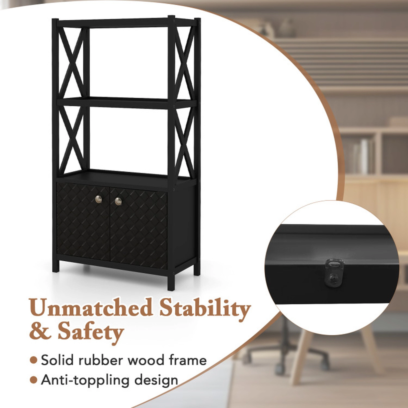 SUGIFT 25-in Wide Bathroom Storage Cabinet with Open Shelves and Double Doors 88-lb Capacity 47-in Tall Black