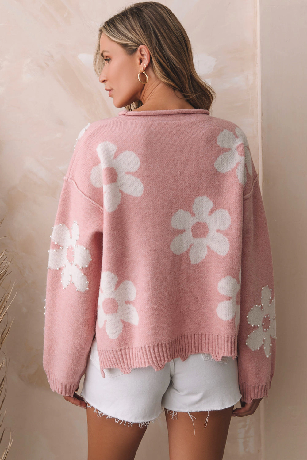 Threaded Pear Women's Jaycee Pearl Beaded Floral Drop Shoulder Sweater