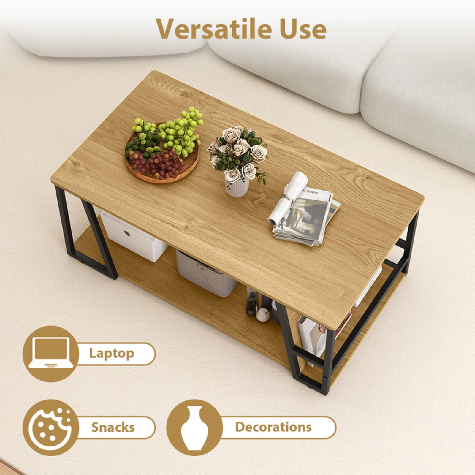 SUGIFT 2-Tier 176-lb Capacity Industrial Rectangle Coffee Table with Storage Shelf and Side Compartment