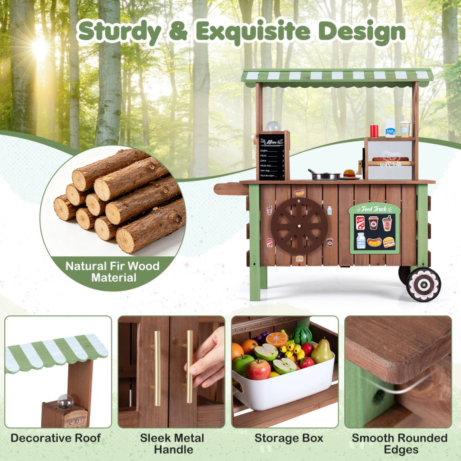 SUGIFT Hot Dog Grill Coffee Maker and Large Wheels Wooden Kids Grocery Store Playset