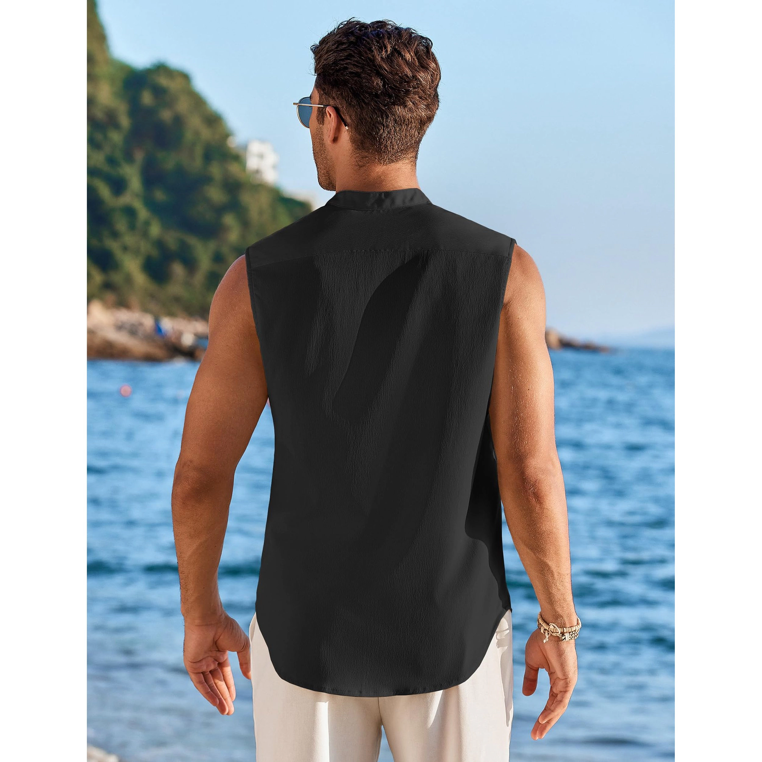 COOFANDY Men's Regular Fit Sleeveless Mock Neck Button Front Shirt