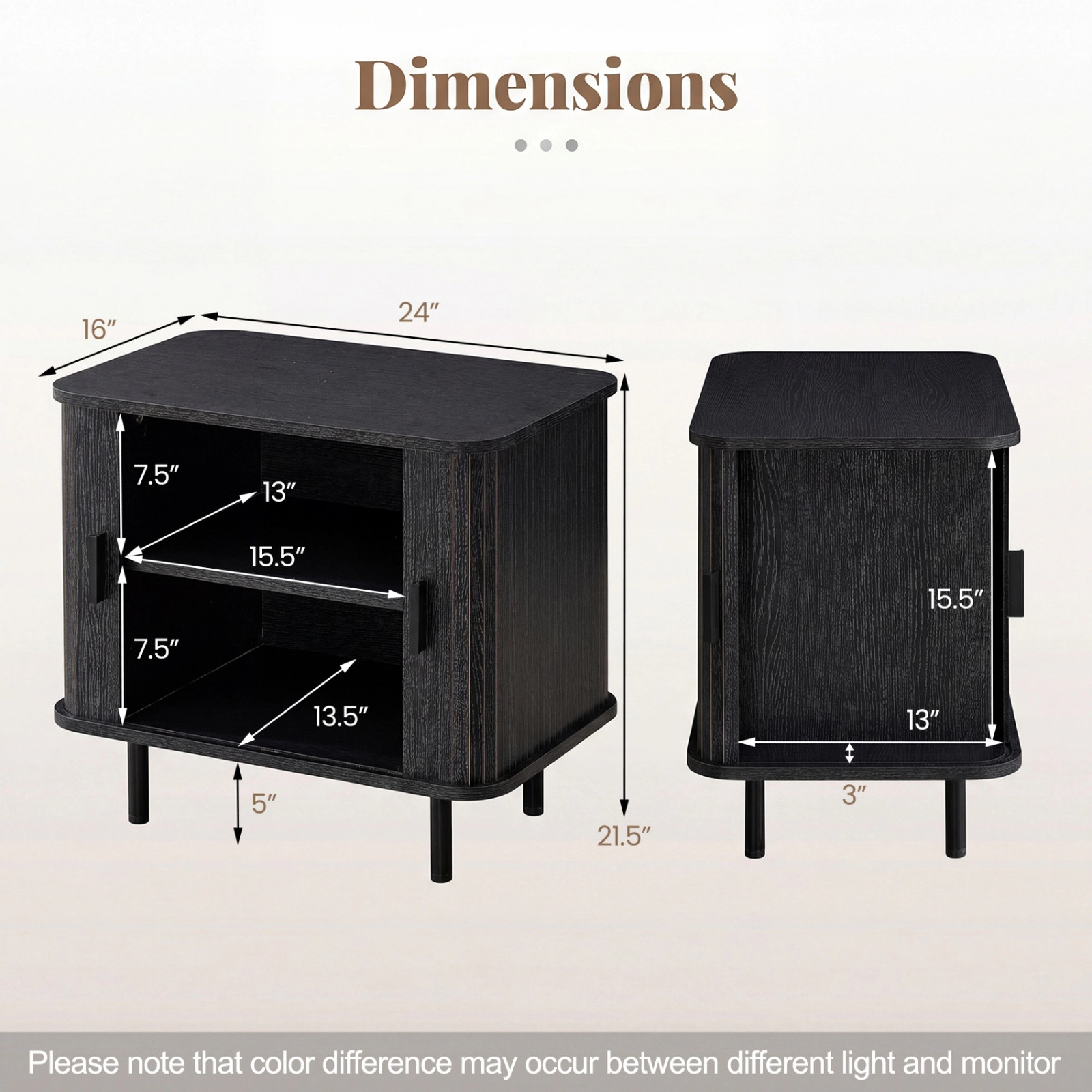 SUGIFT Modern Mid Century Nightstand End Table with Sliding Tambour Doors and Storage Shelf 88-lb Tabletop Capacity