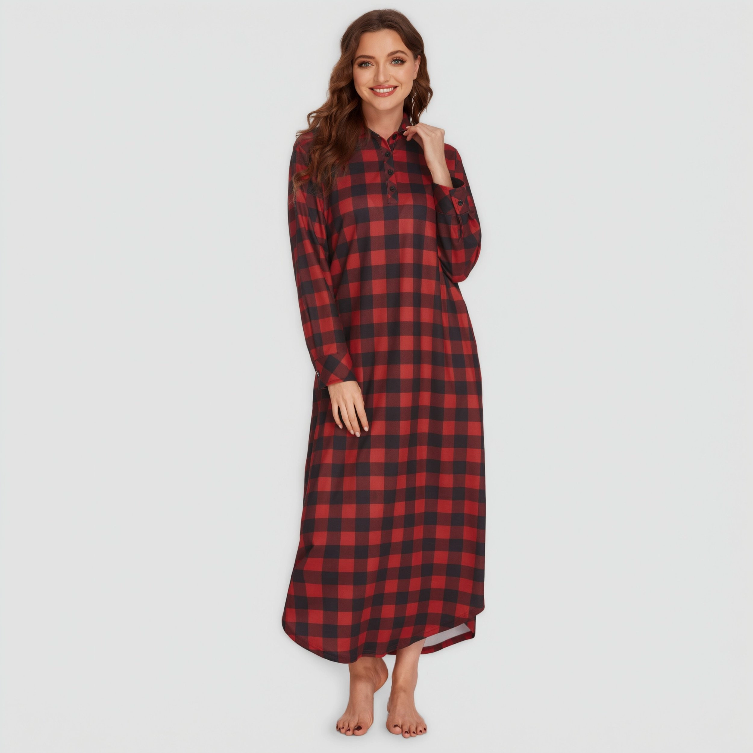 Ekouaer Womens Nightgown Long Sleeve Nightshirt Full Length Loungewear Plaid Sleepwear With Pockets