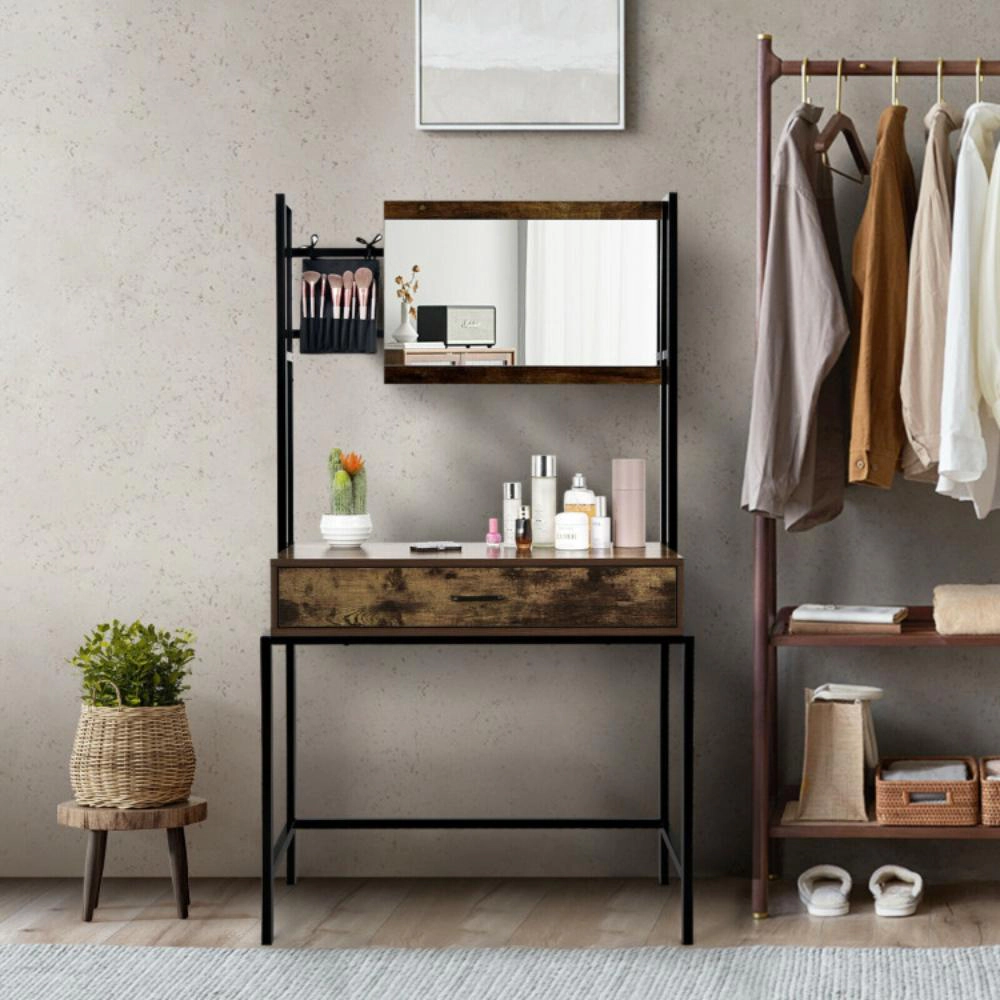 Hivvago Industrial Vanity Table With 3-Height Adjustable Mirror Bag-Brown