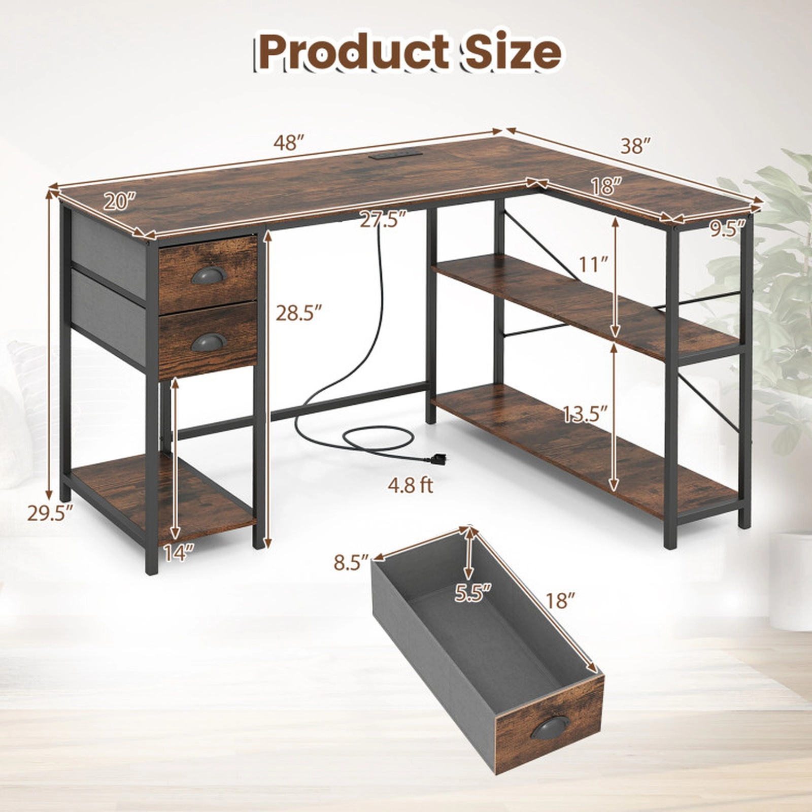 SUGIFT L Shaped Computer Desk with Charging Station Corner Workstation 110-lb Tabletop Capacity