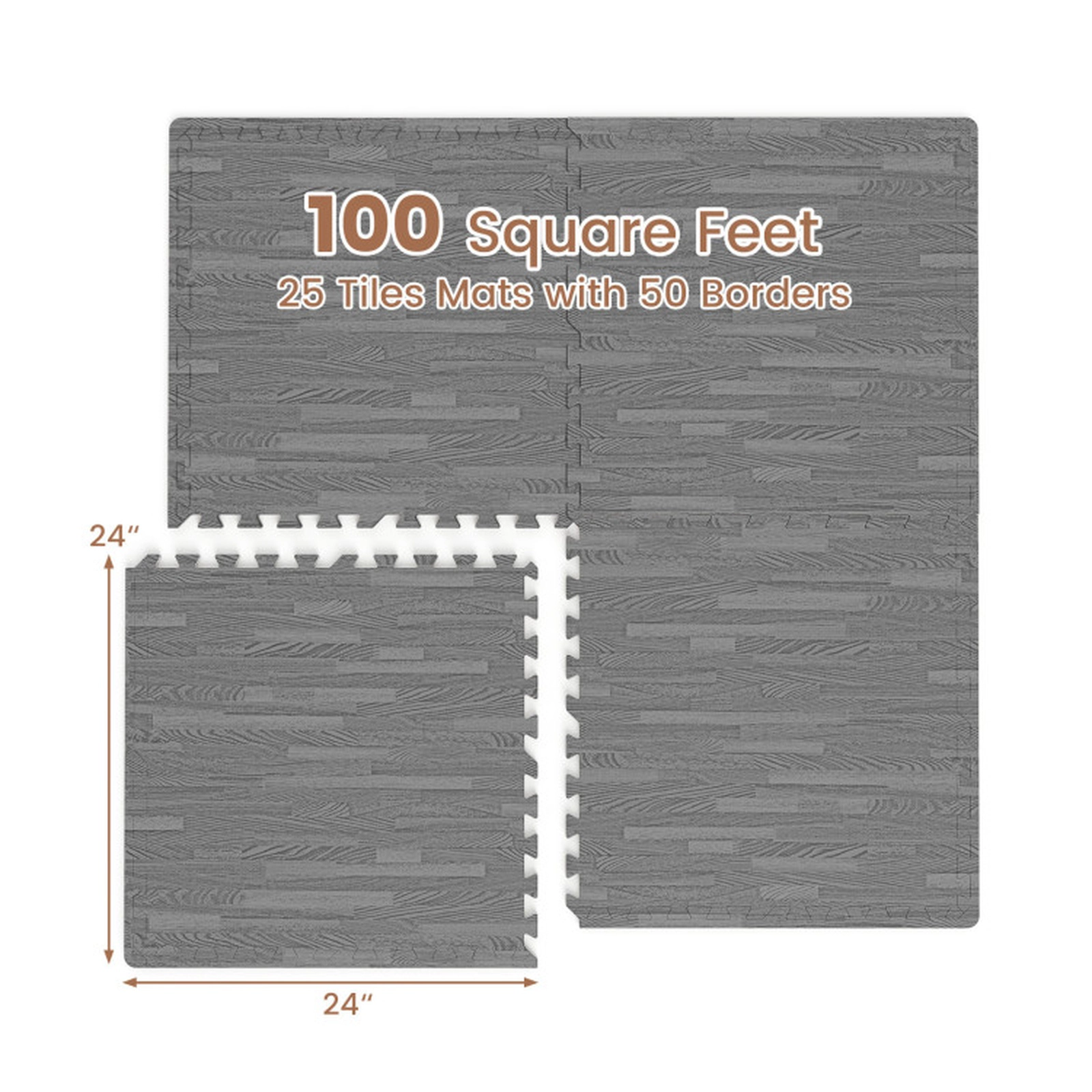SUGIFT Gray 25-Tile 100-sq ft Wood Grain Interlocking EVA Foam Floor Mats with 50 Seamless End Borders