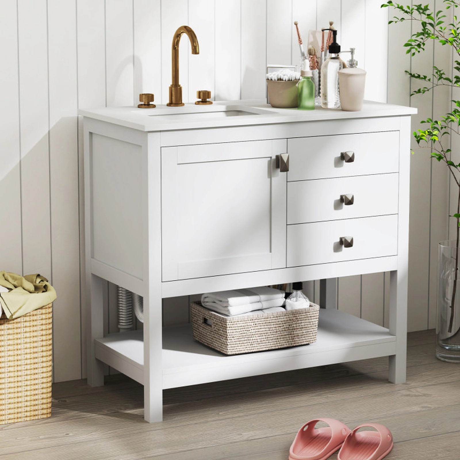 SUGIFT Freestanding Bathroom Vanity Floor Storage Cabinet with Ceramic Sink 36-in Wide 200-lb Capacity White